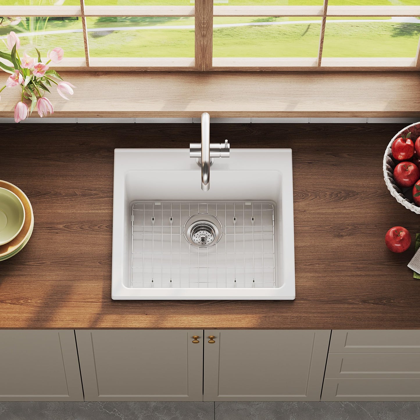Kitchen Sink 24 Inch, Single Bowl Farmhouse Sink, Drop-in Mount, Fireclay Ceramic Basin for Kitchen, Laundry Room
