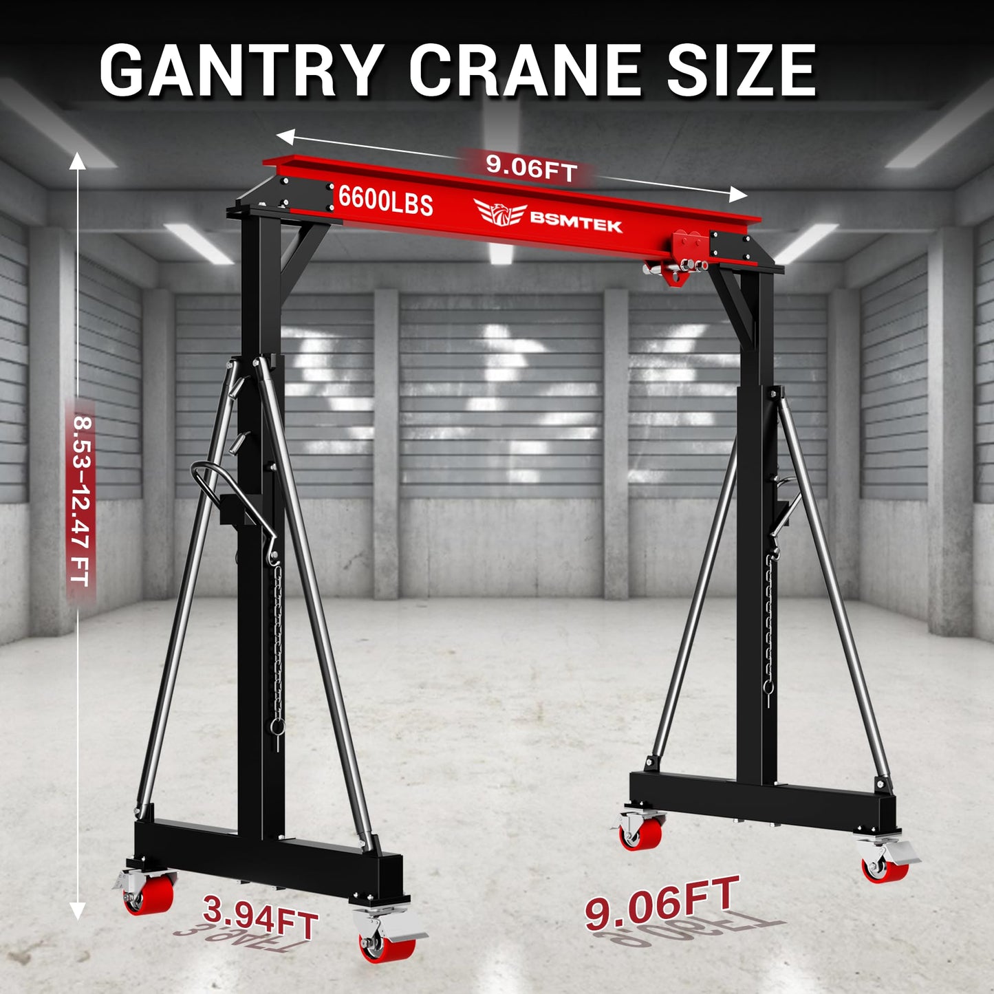 3 Ton Gantry Crane MAX6600LBS, Upgraded Trolley, Adjustable Height (8.53-12.47 FT), Width (8.53 FT), Steel I-Beam Construction, Portable Shop Hoist for Factories, Warehouses
