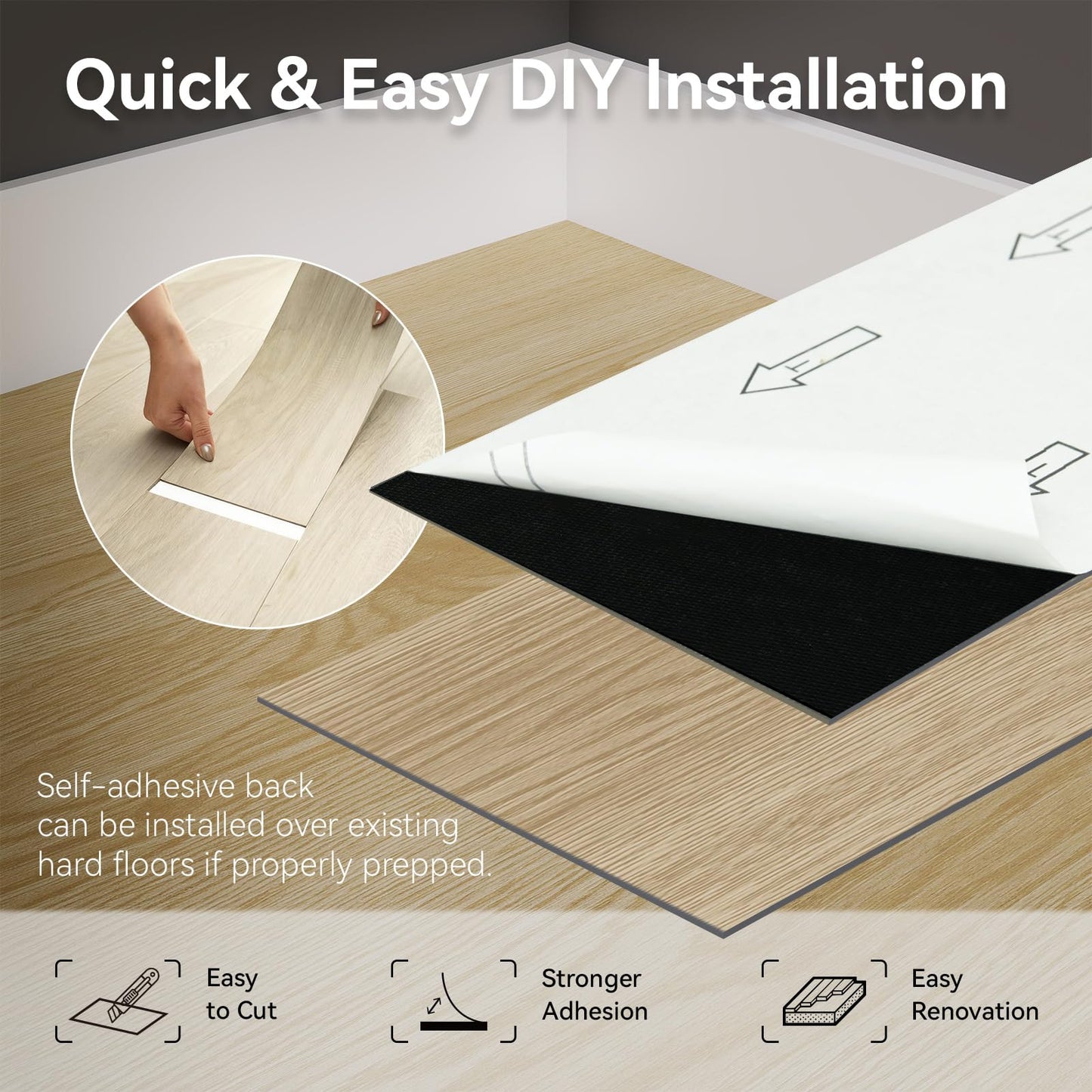 Mysflosy Peel and Stick Floor Tiles, Self-Adhesive Luxury Vinyl Flooring Plank, 6'' x 36'', 36 Pack 54 Sq.Ft, Waterproof DIY Deep Wood Grain Planks Easy to Install for Kitchen, Living Room