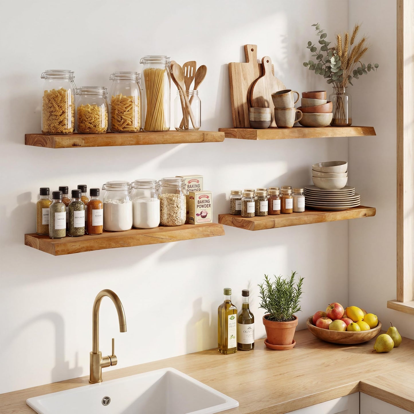 Axeman 30 inch Floating Shelves for Wall - 8'' D Live Edge Rustic Solid Elm Wood Floating Shelves Wall Mounted, Wall Shelves with Invisible Bracket for Living Room Bedroom Kitchen, Set of 2 Natural