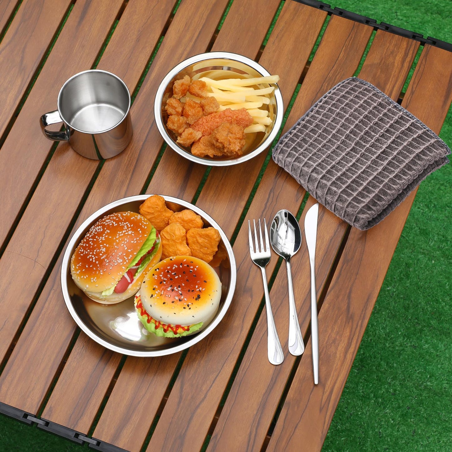 Lallisa 16 Pcs Outdoor Camping Cookware Mess Kit Polished Stainless Steel Dishes Camping Utensils Portable Tableware with Plates Cups Spoons Forks Knives Mesh Bag for Backpacking Hiking