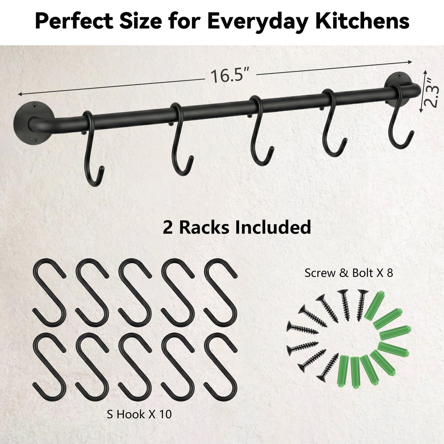 Conwithna Black Steel-made Kitchen Utensil Rack Organizer Wall-mounted Pot Pan Wall Hanger Holder For Hanging Rail with 10 S Hooks