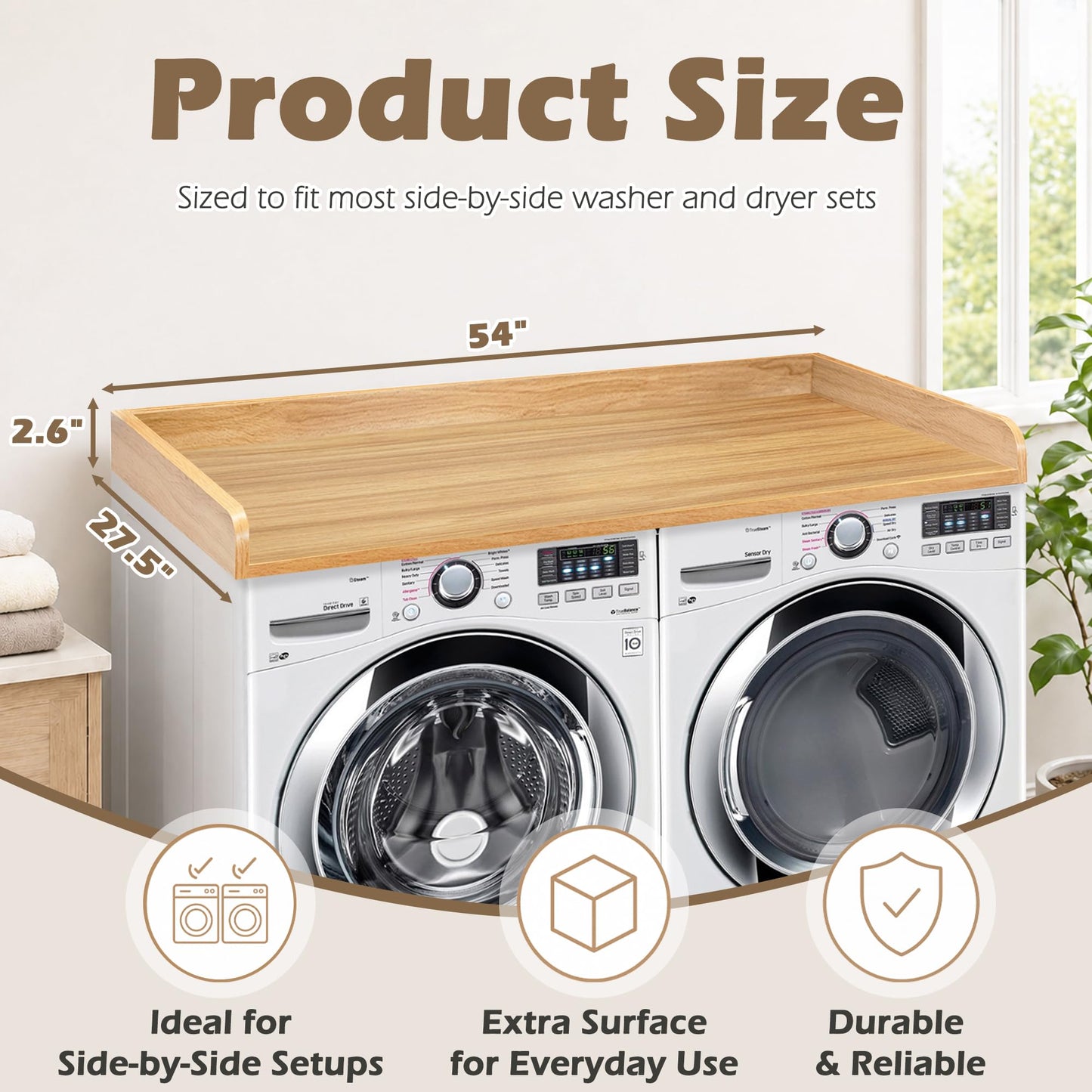 Royxen Washer Dryer Countertop with Solid Wood Core,54“W x 27.5D Laundry Countertop with Edge Rails,Washer and Dryer Topper for Laundry Room Organization (Oak)