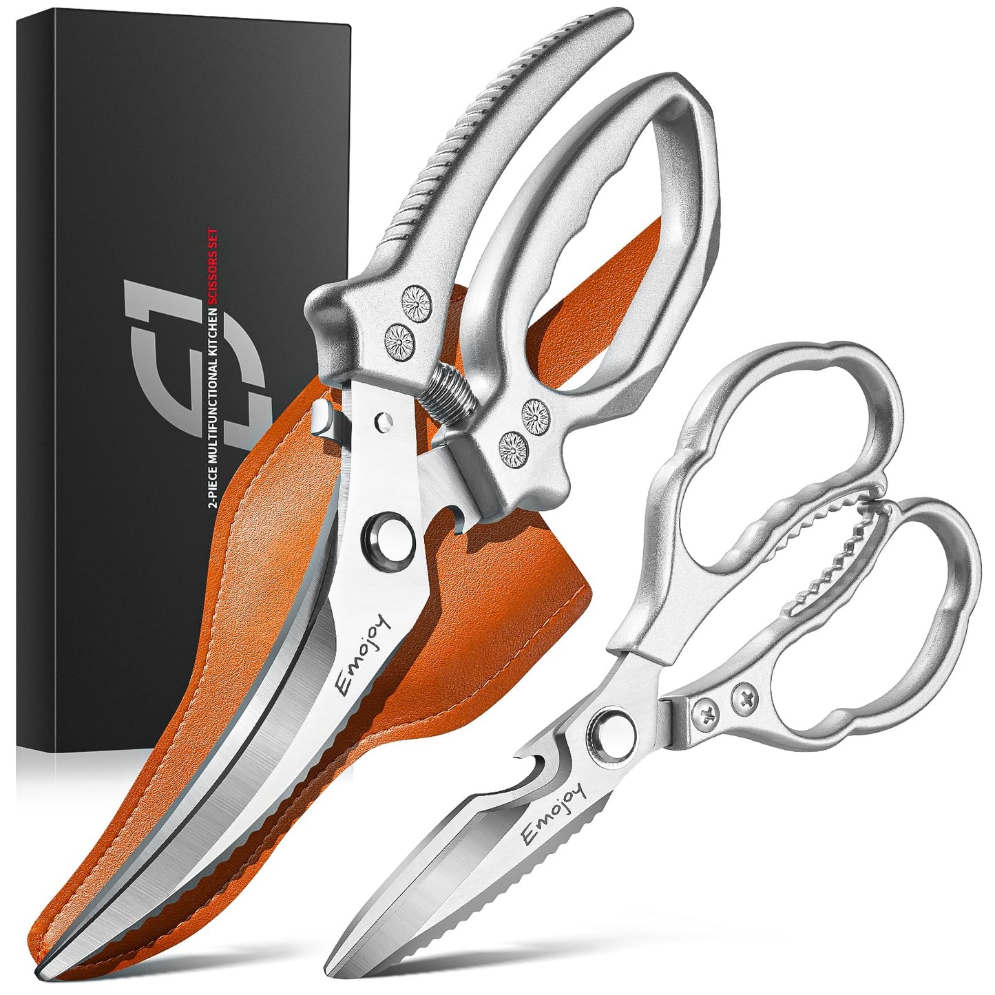 Emojoy 2-Piece Kitchen Scissors Set with Poultry Shears, Japanese Stainless Steel Kitchen Shear, All Purpose Scissor for Food, Chicken Bones, Dishwasher Safe
