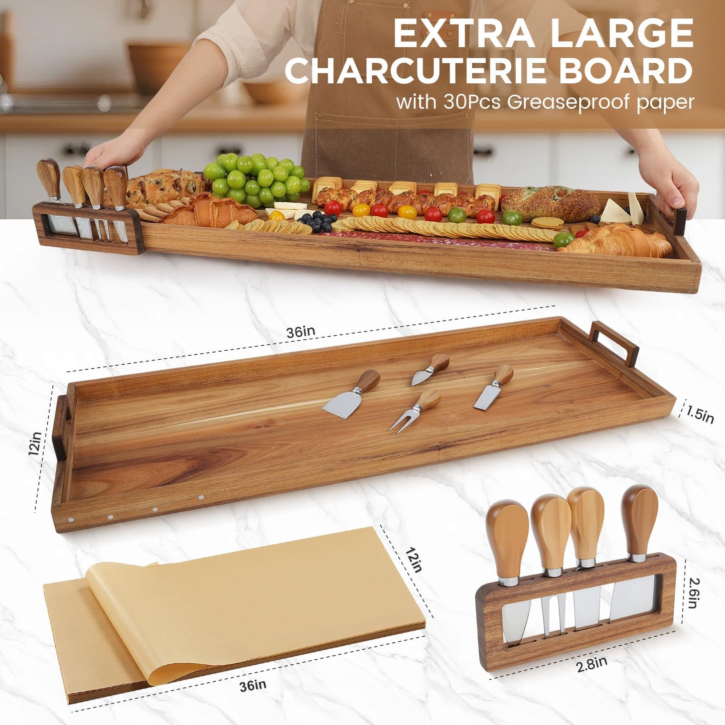 Young Speeds Large Charcuterie Board with Cheese Knife Set,36 x 12 Inch Acacia Wood Large Serving Tray with Handles,Long Wooden Serving Board with 30Pcs Wax Paper,3ft Extra Long Cheese Board