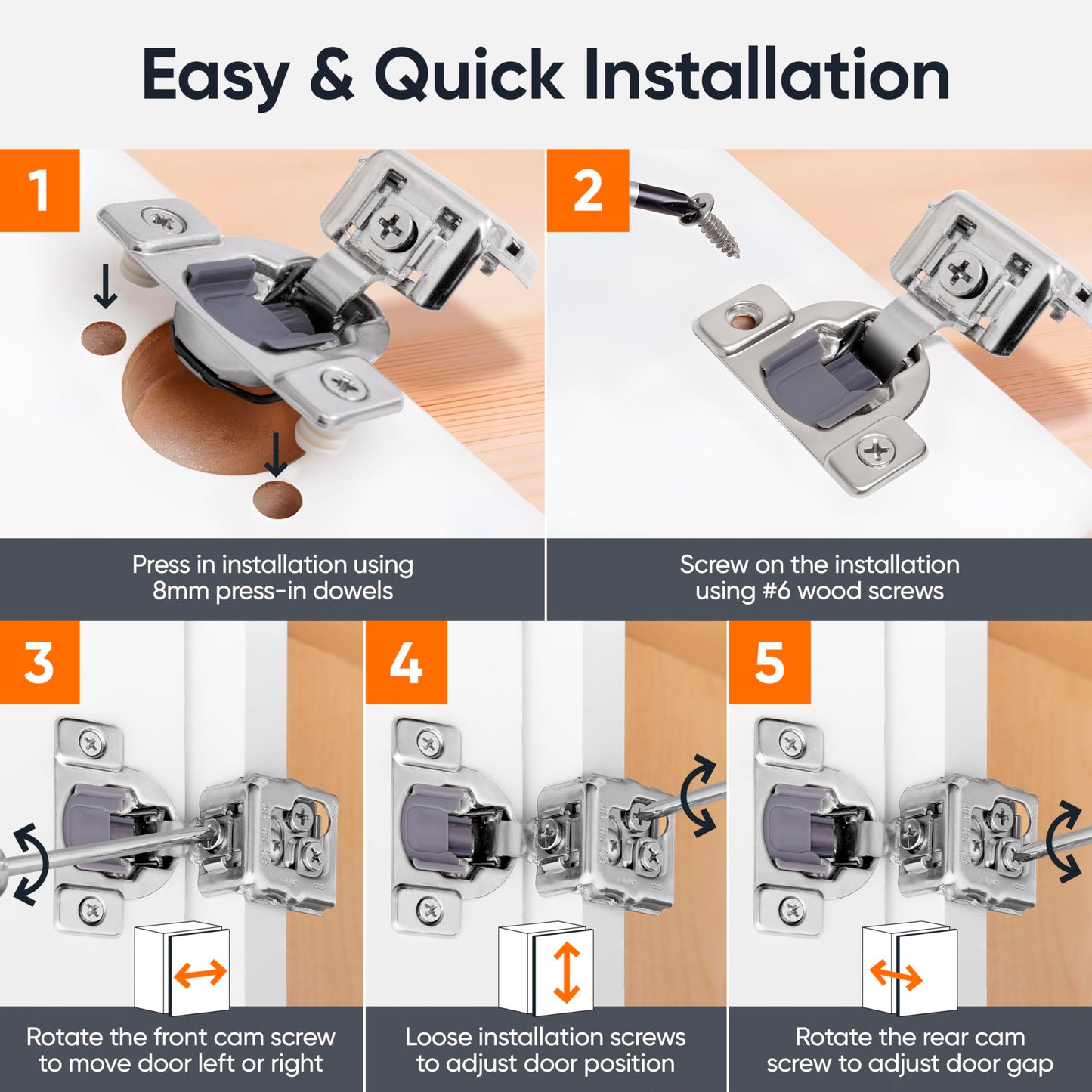 Decobasics 50 Pack Soft Close Cabinet Hinges 1-1/4" Overlay for Kitchen Cabinet Doors, Slow Self-Closing Concealed Hidden Hinges for Face Frame –Stainless Steel, 3-Way Adjustable & Quiet Close Damper