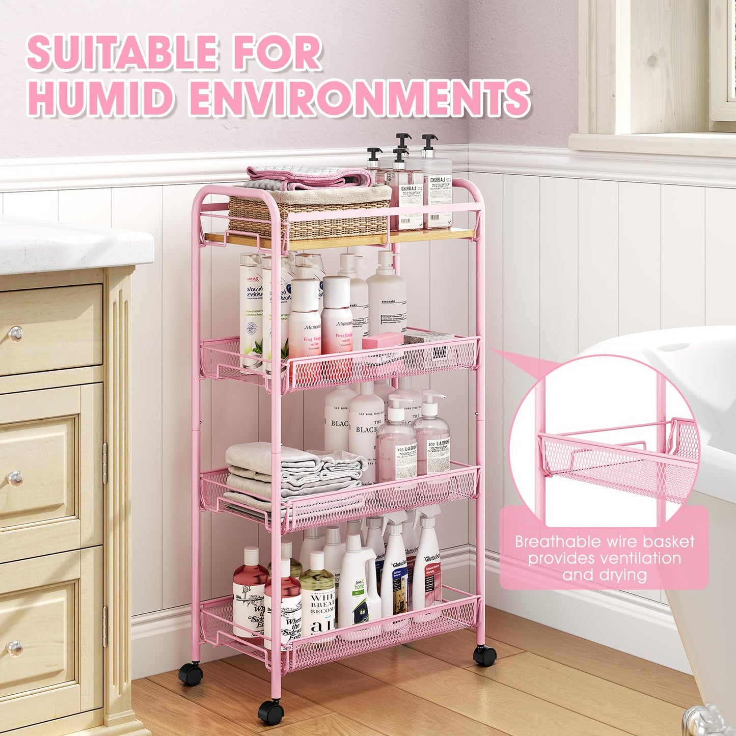 TOOLF 4-Tier Rolling Cart, Metal Utility Cart, Slide Out Storage Cart with Wooden Tabletop and Mesh Baskets, Easy Assemble Trolley for Kitchen Bathroom Laundry Room Bedroom Apartments Dormitory