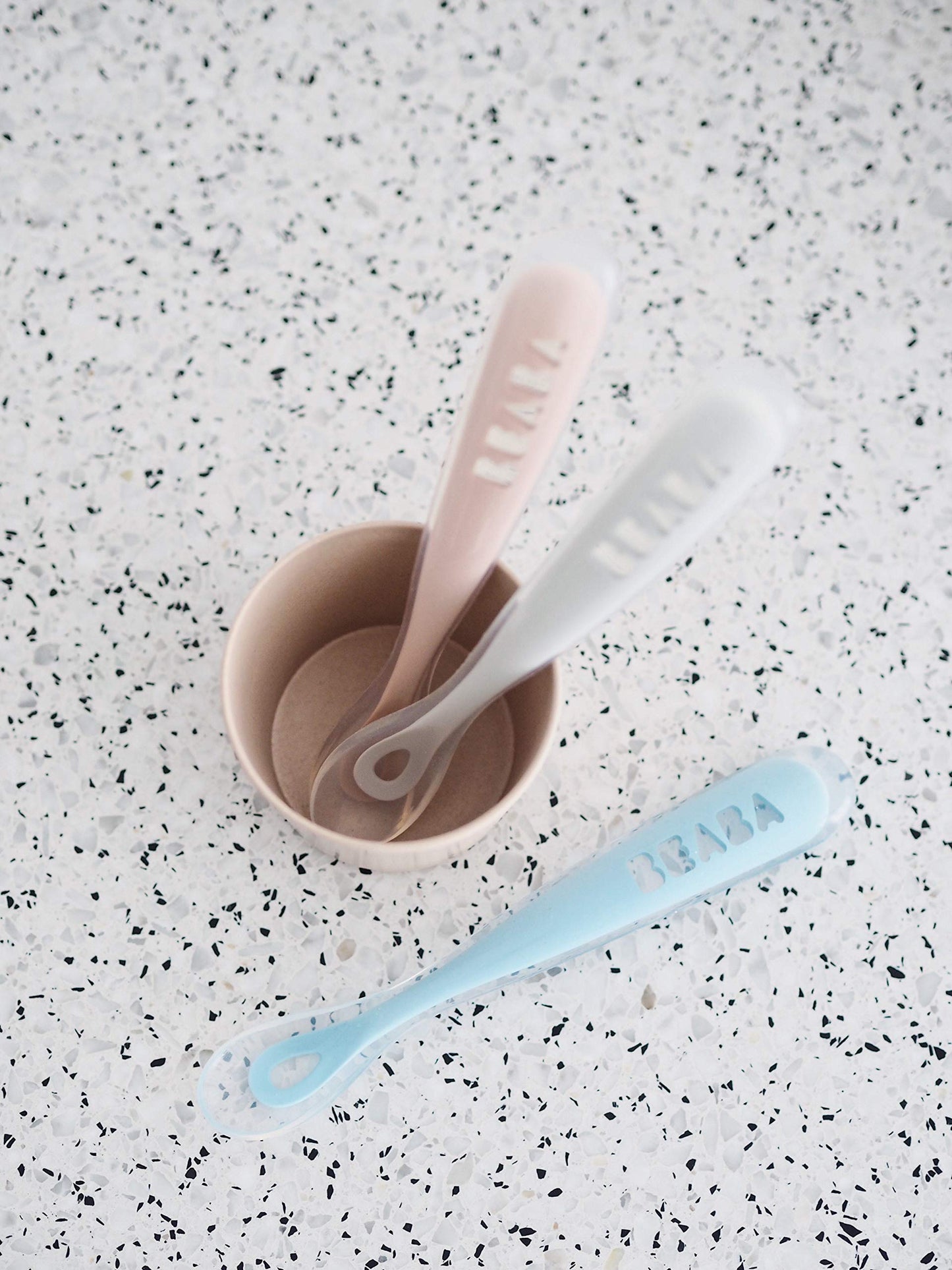 BEABA Baby's First Foods Spoon Set, Original Silicone Baby Spoons, 4 Pack, BPA Lead & Phthalate Free, Gray