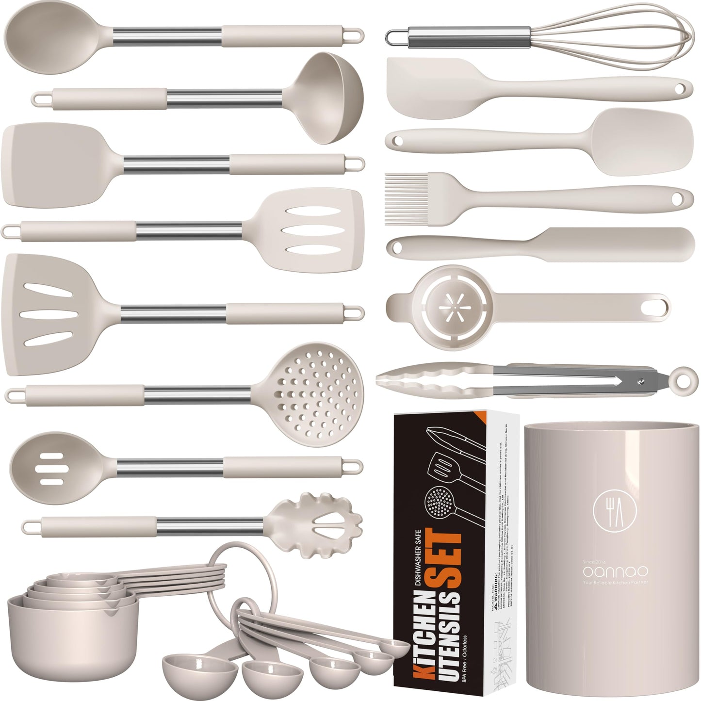 Large Silicone Cooking Utensils Set - Heat Resistant Kitchen Utensils,Turner Tongs,Spatula,Spoon,Brush,Whisk,Stainless Steel Silicone Cooking Tool for Nonstick Cookware,Dishwasher Safe (Khaki)
