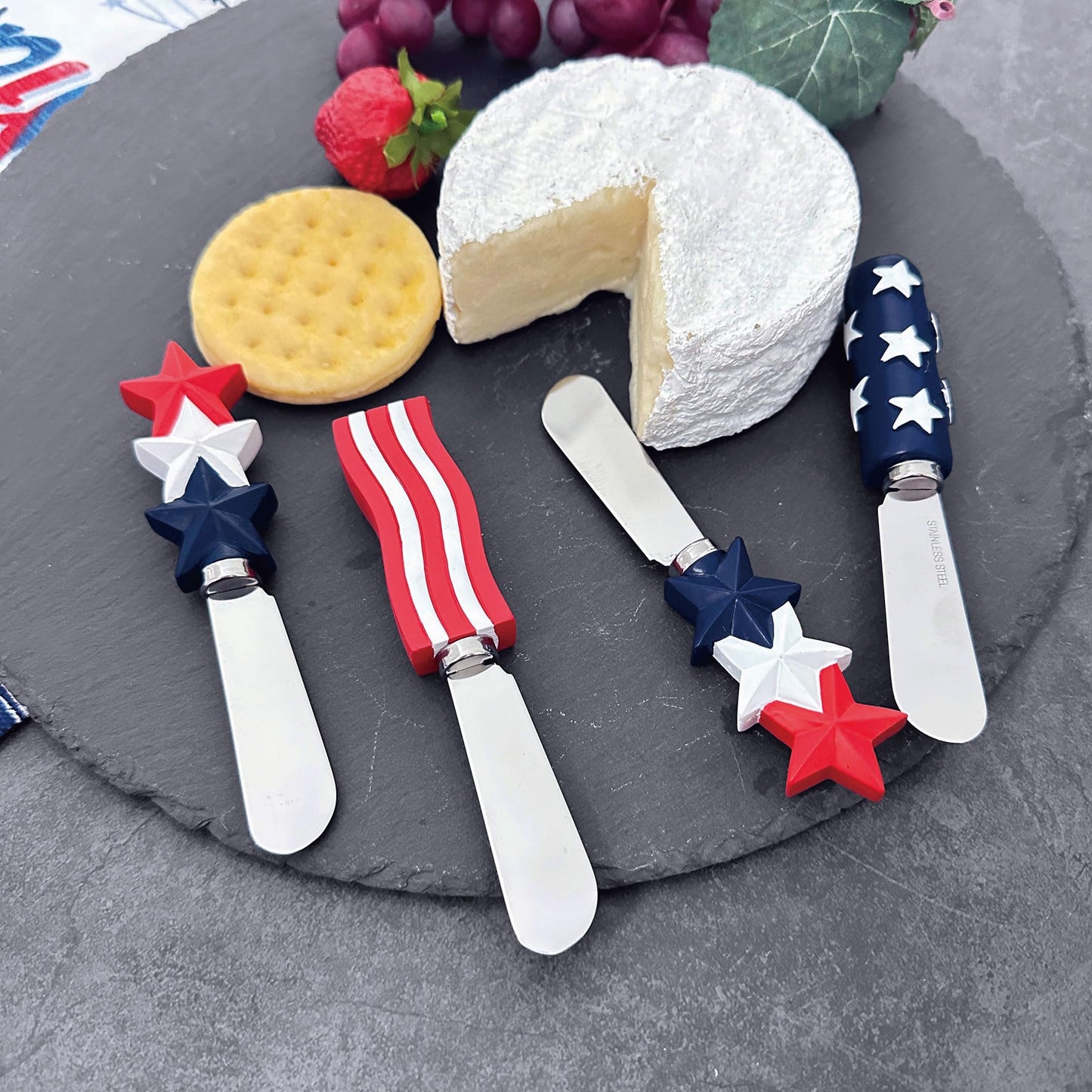 Supreme Housewares Americana Patriotic Cheese Spreaders, Hand-Painted Resin Handles with Stainless Steel Blades for Spreading Cream Cheese, Butter, and Jam, Assorted Designs, Set of 4