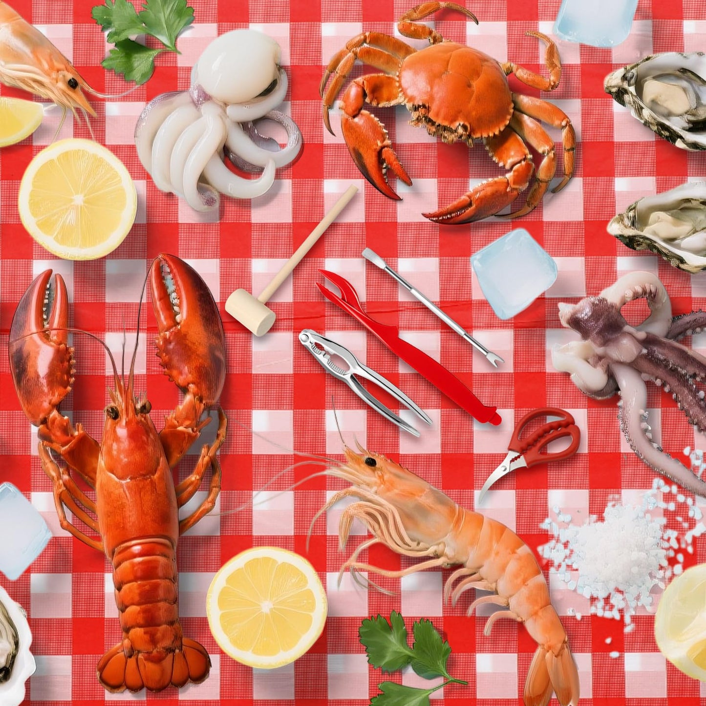 Lanties 20 Pcs Seafood Tools Set Seafood Boil Party Supplies Crab Crackers Scissors Lobster Sheller Hammer Shellfish Forks Cracker Red Plastic Bucket for Lobster Crab Food New Year Party
