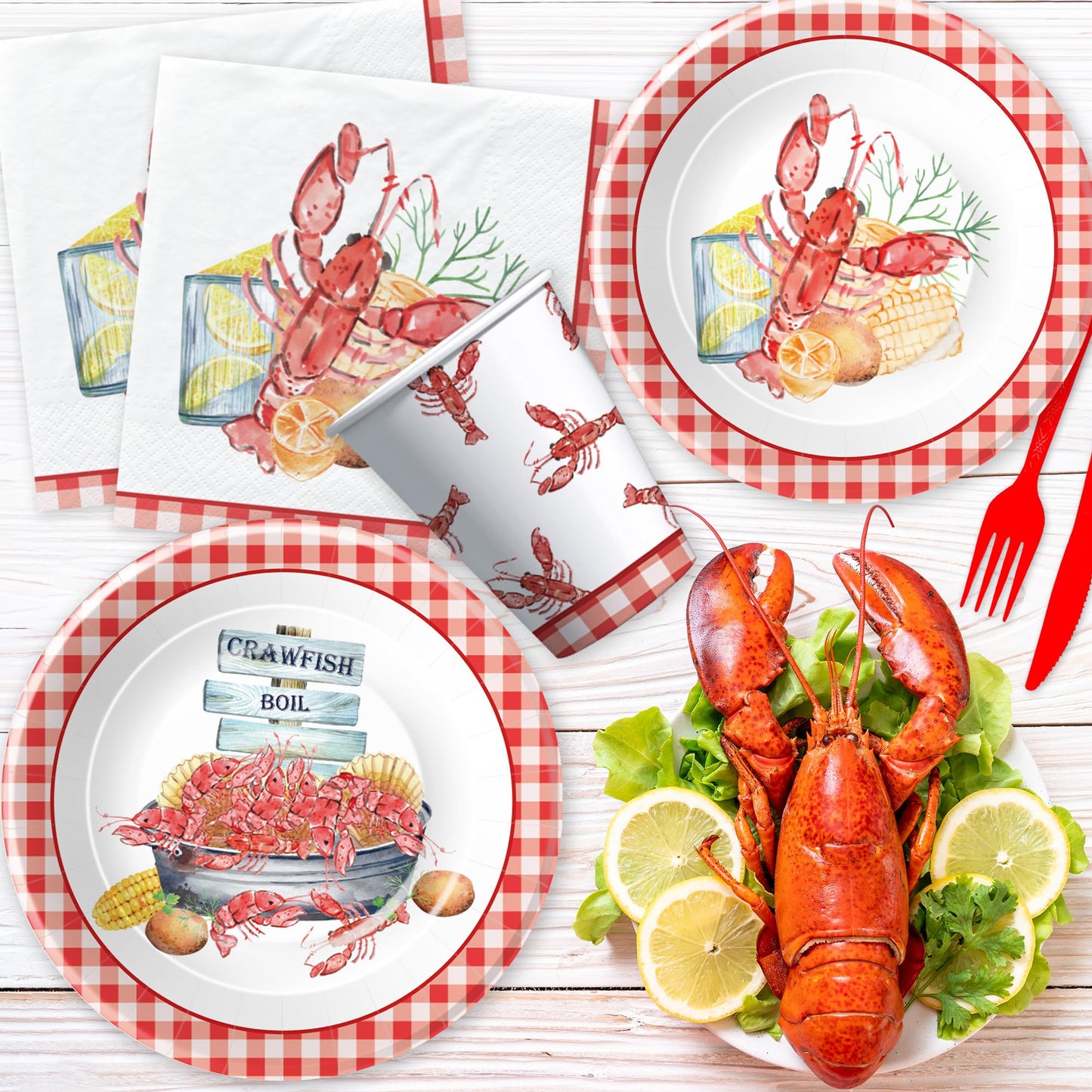 Xigejob Crawfish Boil Party Supplies, Lobster Crab Seafood Boil Party Decorations Tableware for Birthday Baby Shower, Paper Plate, Cup, Napkin, Tablecloth, Disposable Cutlery, Serves 24