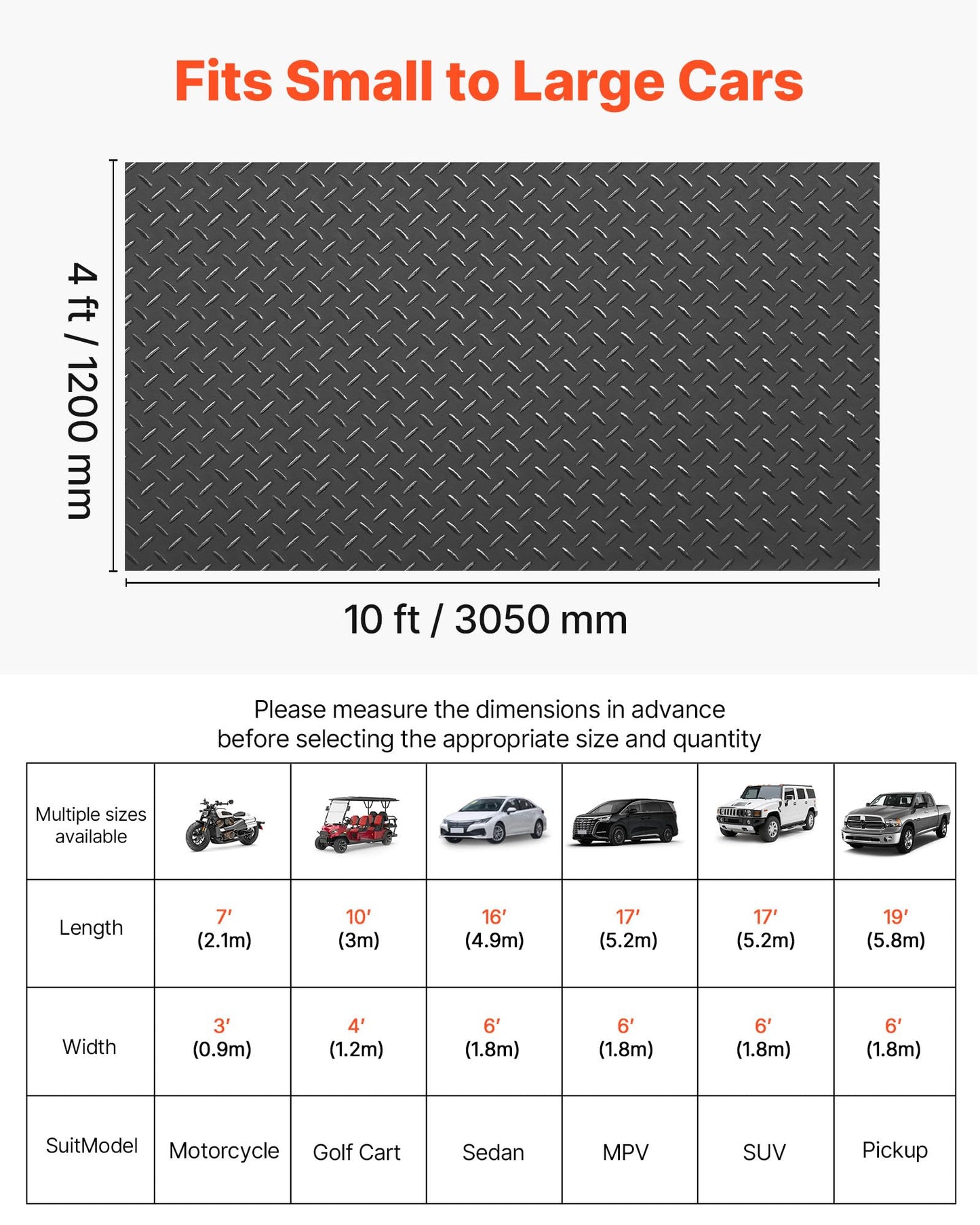 VEVOR Garage Floor Roll, 4 x 10 ft Garage Flooring Mat, 2.2 mm Thickened PVC Diamond Plate Floor Protector Mat with Double-Sided Tape, Non-Slip, Easy to Clean for Warehouse, Gyms, Trailer, Black