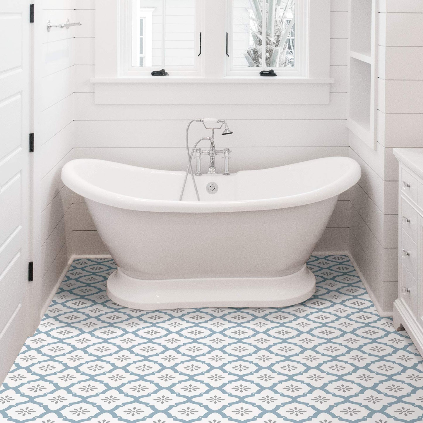 FloorPops Alfama Peel and Stick Floor Tiles, Blue, Geometric Vinyl Floor Tiles, Water Resistant, 12 in x 12 in, Pack of 10