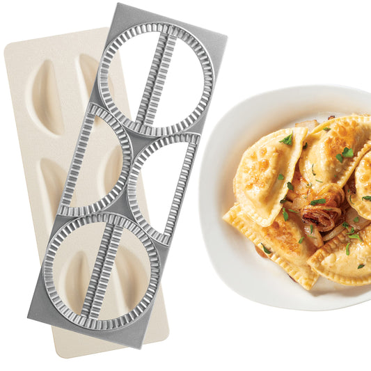 CucinaPro Pierogi Maker w Tray & Press- Make 6 Pierogis, Dumplings, Empanadas, Potstickers or Pastry at Once- Stainless Steel Durable Construction, Portable Set Easy to Use- Homemade Cooking Essential