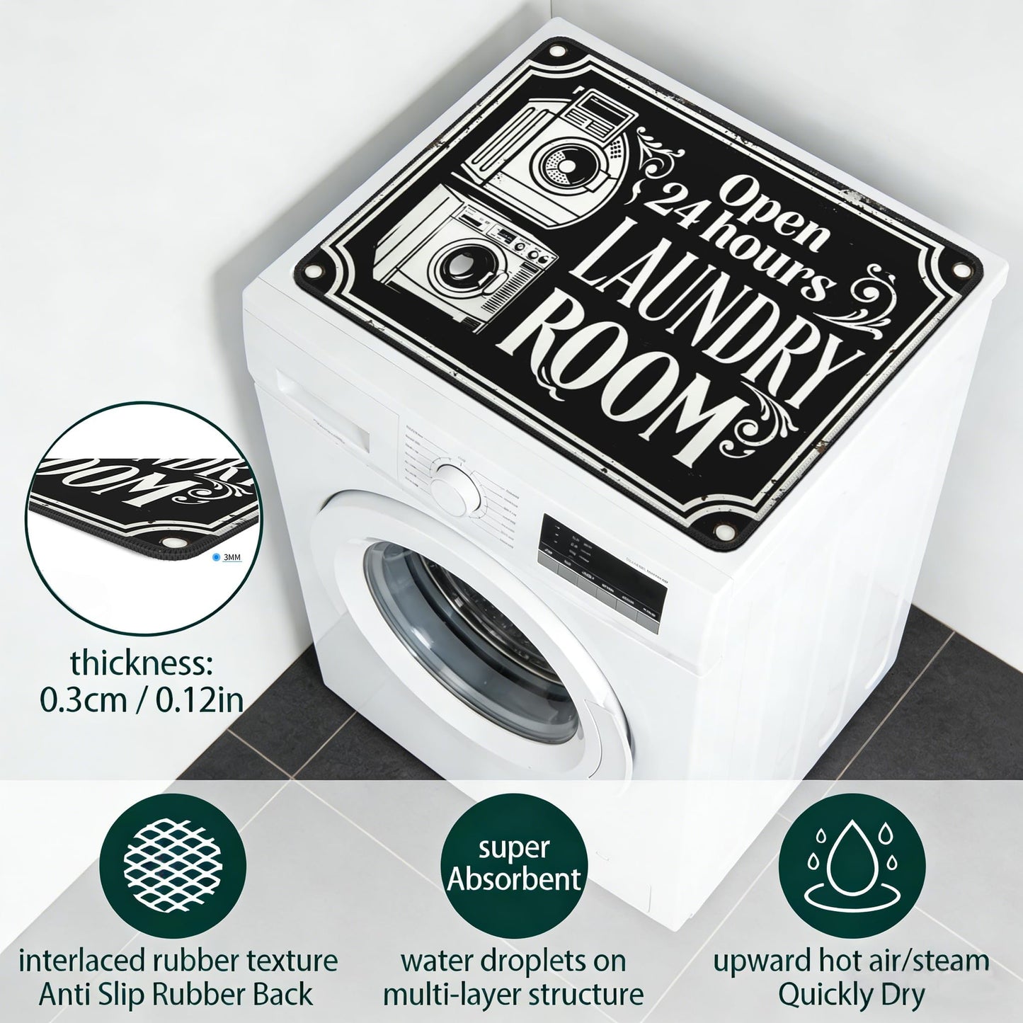 Funny Laundry Washer Dryer Topper, Black Washer and Dryer Covers for The Top, Home Decor, Washing Machine Mat 23.5" x 19.6"