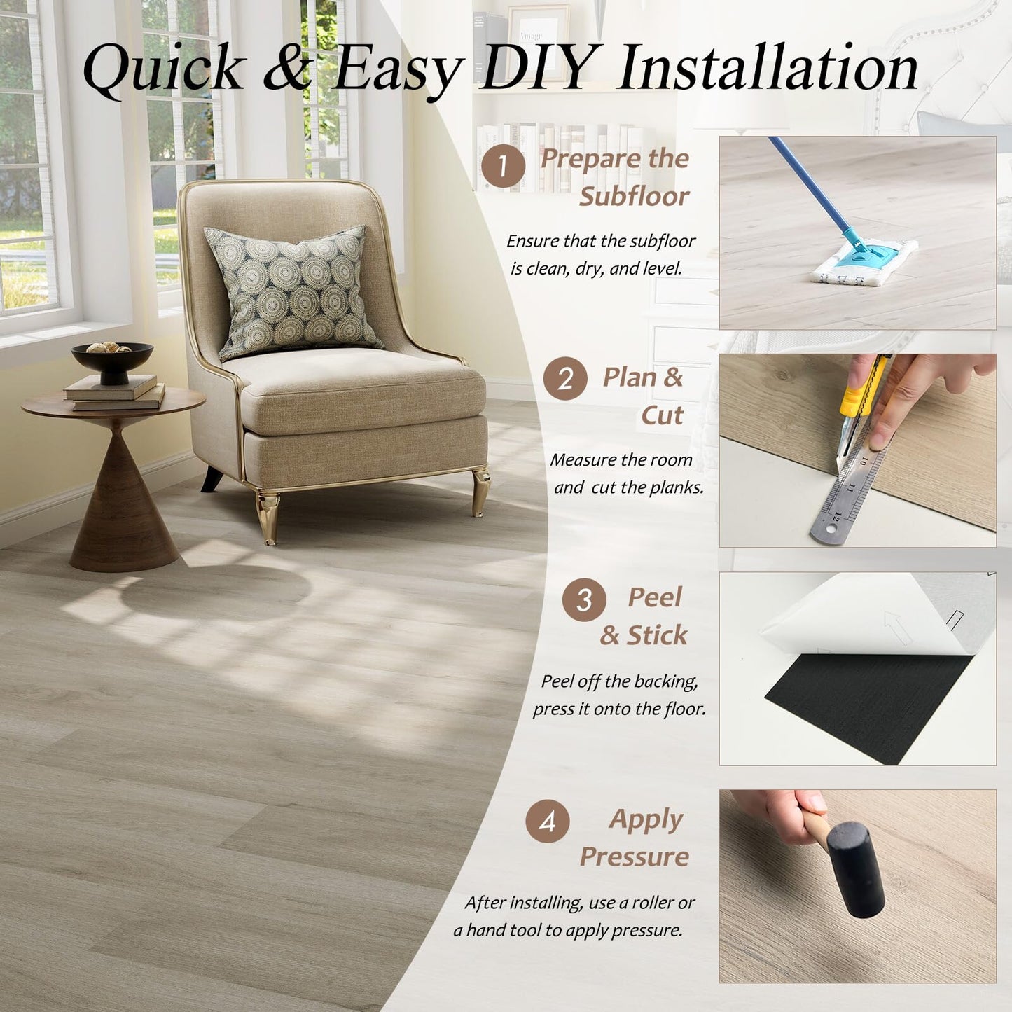 Mysflosy Peel & Stick Floor Tile, 36-Pack 54 Sq.Ft Waterproof Luxury Vinyl Flooring Self-Adhesive, Wood-Look Vinyl Planks for DIY Installation
