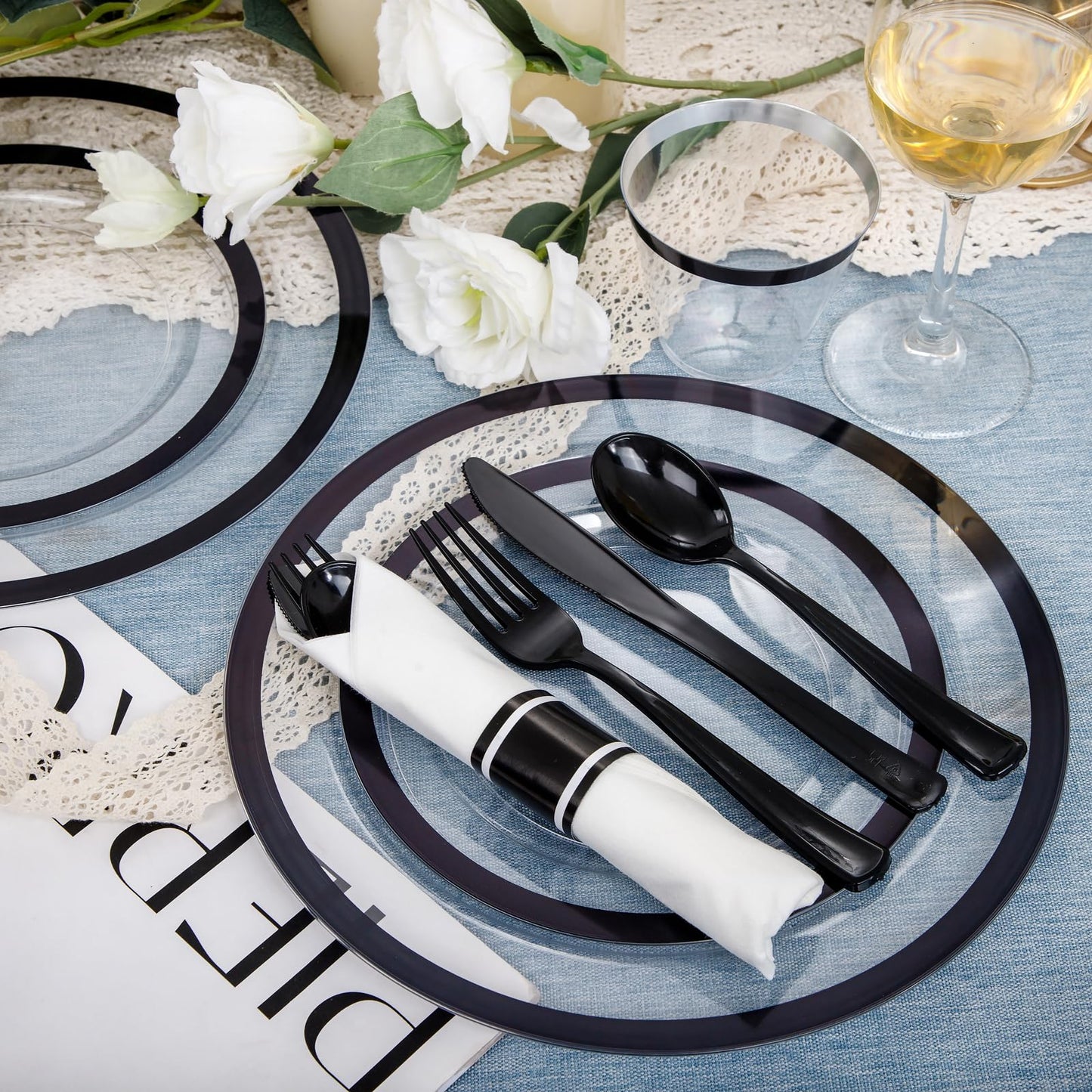 I00000 350 Pcs Clear and Black Plastic Plates,Black Dinnerware Set, Include 50 Dinner and 50 Dessert Plates,50 Plastic Cups,50 Pre Rolled Napkins with Cutlery for Graduation,Party