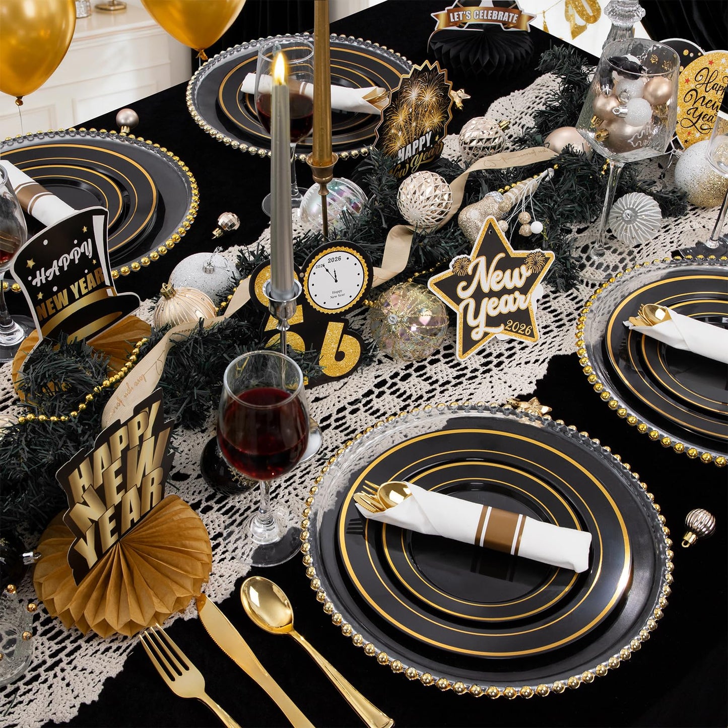 350 Pieces Black and Gold Plastic Plates with Disposable Silverware, Include 50 Dinner Plates 9”, 50 Dessert Plates 6.3”, 50 Black Cups 9 OZ, 50 Pre Rolled Napkins for Wedding Party Graduation