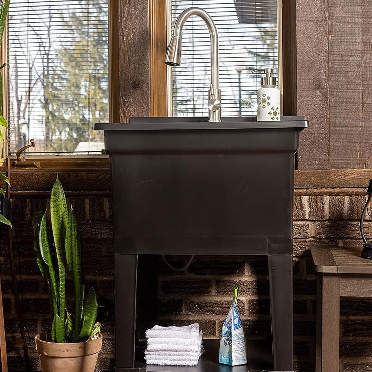 UTILITYSINKS Freestanding Utility Tub Sink with Quick Connect Drain, 24 x 24", Black - Portable and Compact Sink with Faucet for Outdoor Kitchen, Laundry Room, Garage, and Basement