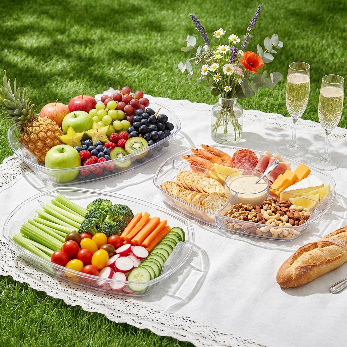 DEAYOU Ice Serving Tray for Party Food, Chilled Serving Platter Dish with 4 Compartments, 15" Divided Serving Bowl with Lid for Appetizers, Fruits, Vegetables, Salads, Shrimp Cocktail