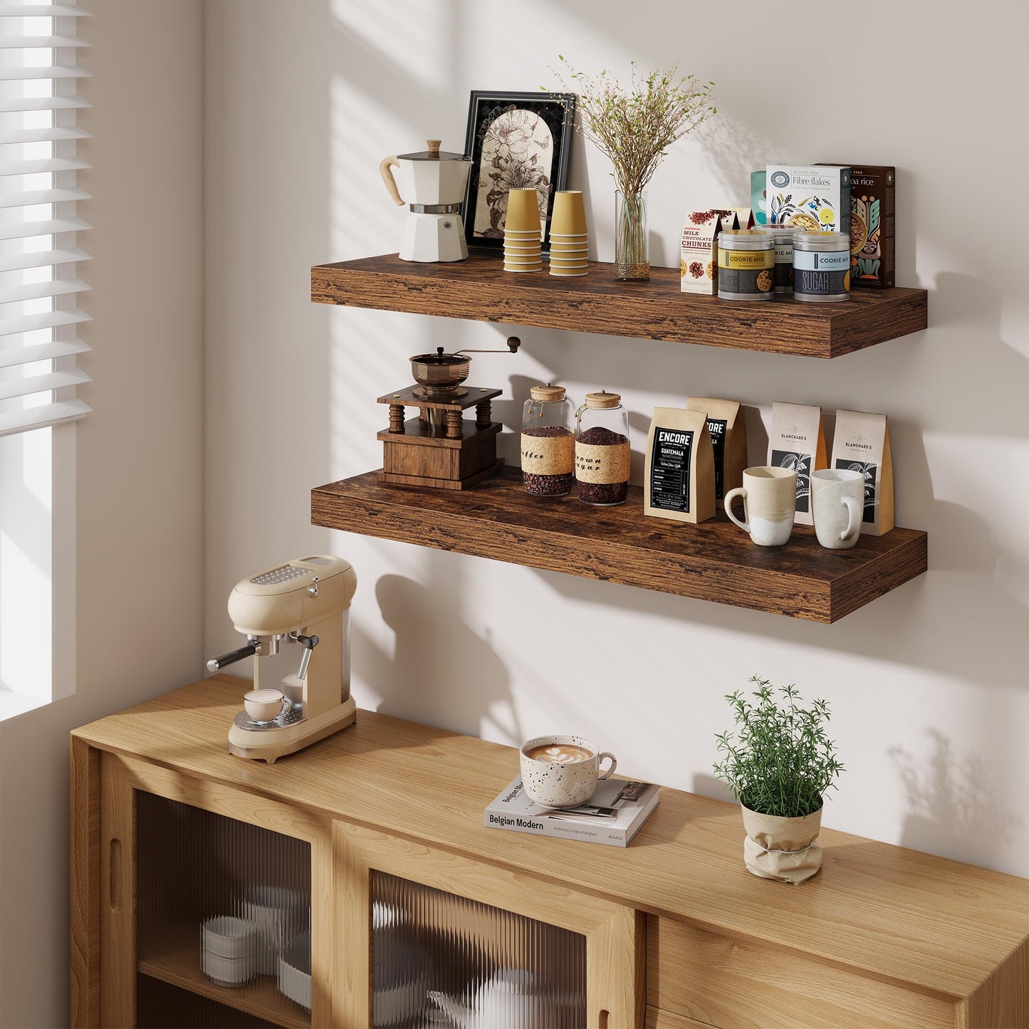Fun Memories 12" Deep Floating Shelves for Wall, 36" W x 12" D Floating Shelves, Long Wood Floating Wall Shelf for Living Room Bathroom Bedroom Kitchen, Rustic Brown, Set of 2