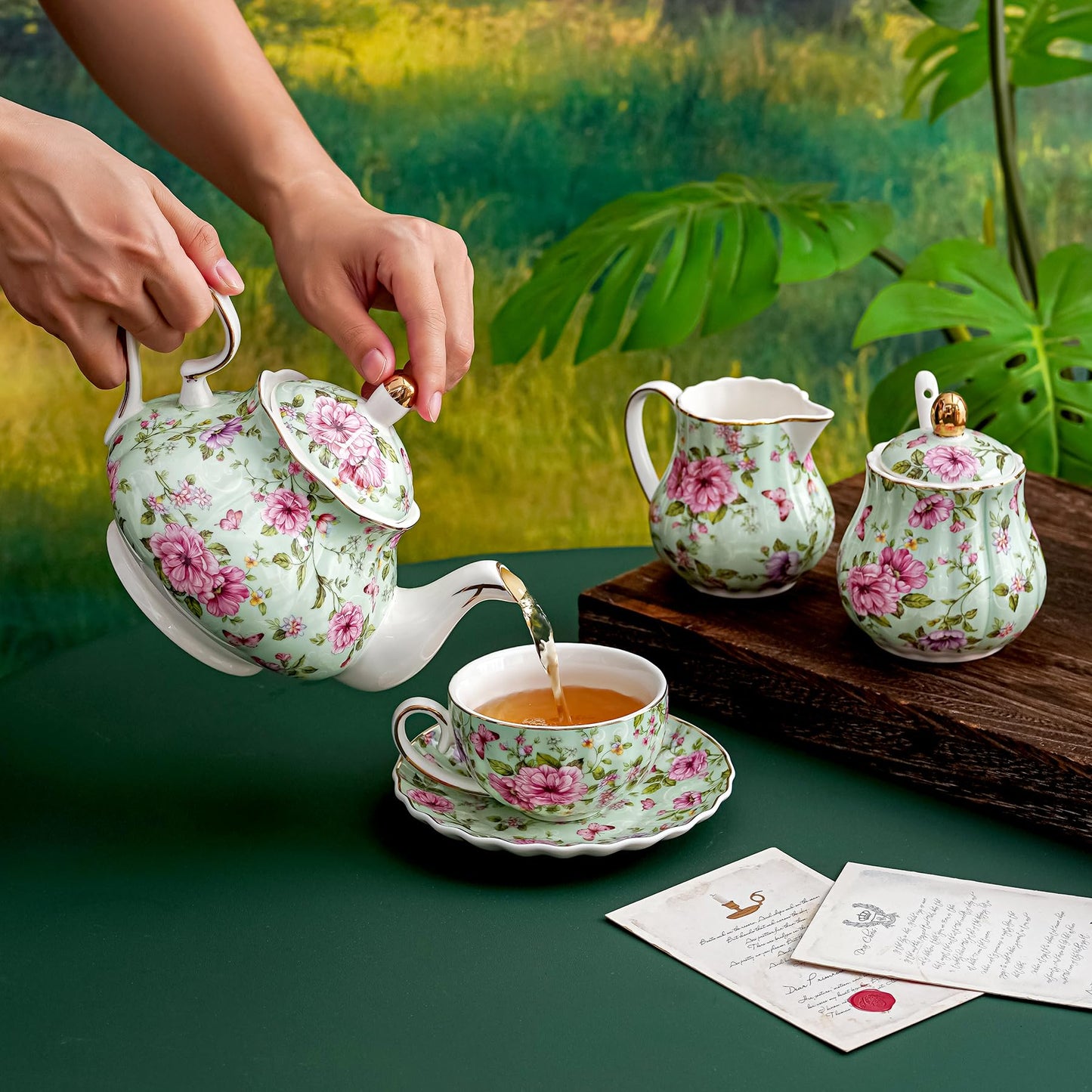 Agyiuns Tea Cup and Saucers, 6.4oz Floral Tea Cups with Gold Trim, Porcelain Teacup, Coffee Cappuccino Espresso Latte Mugs for Party Birthday,Party Cafe Home, Christmas Gift (Green)