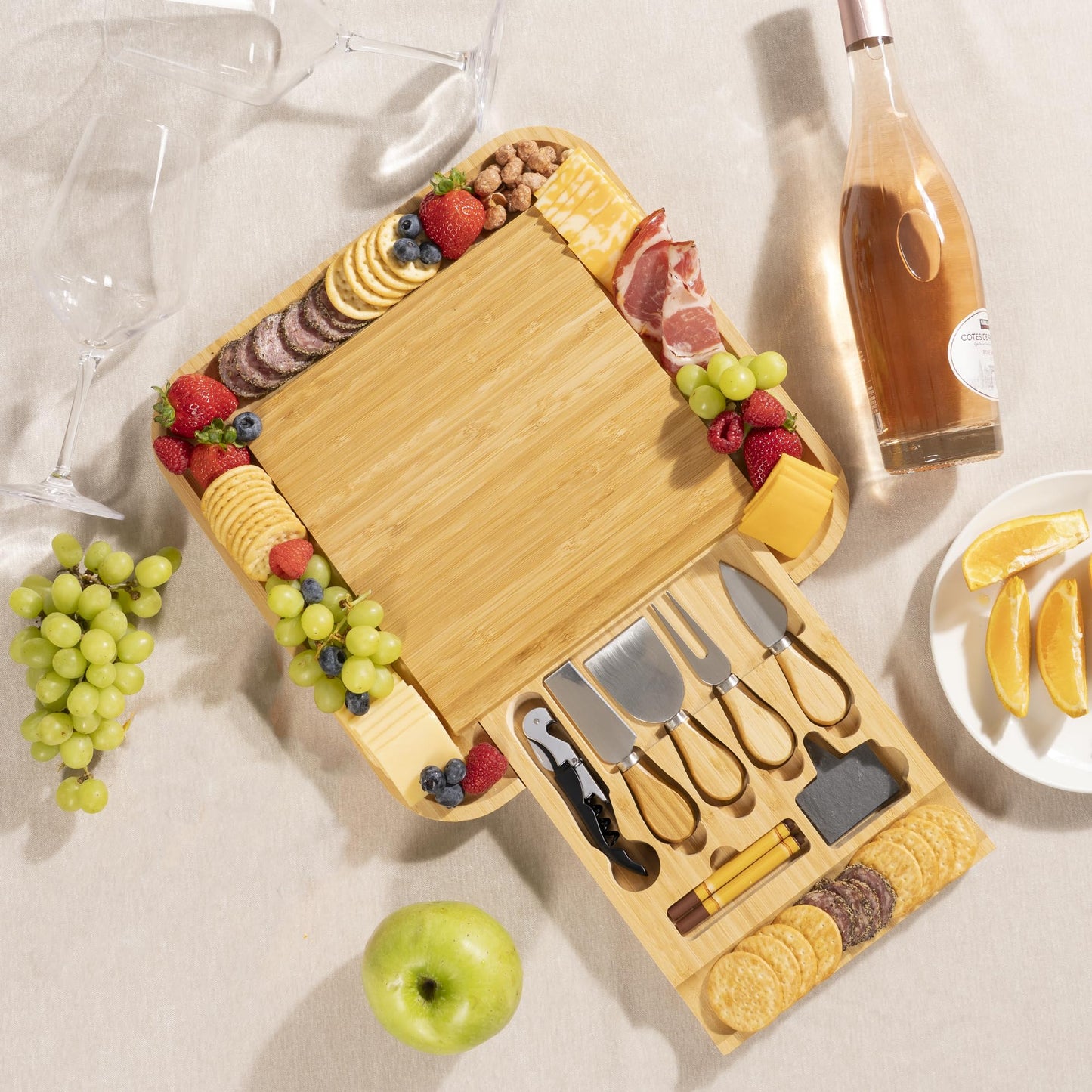 Charcuterie Board Set with Knife Drawer – Large Bamboo Cheese Board Set with Knives, Serving Board for Meat, Cheese & Appetizers – Housewarming & Wedding Gift