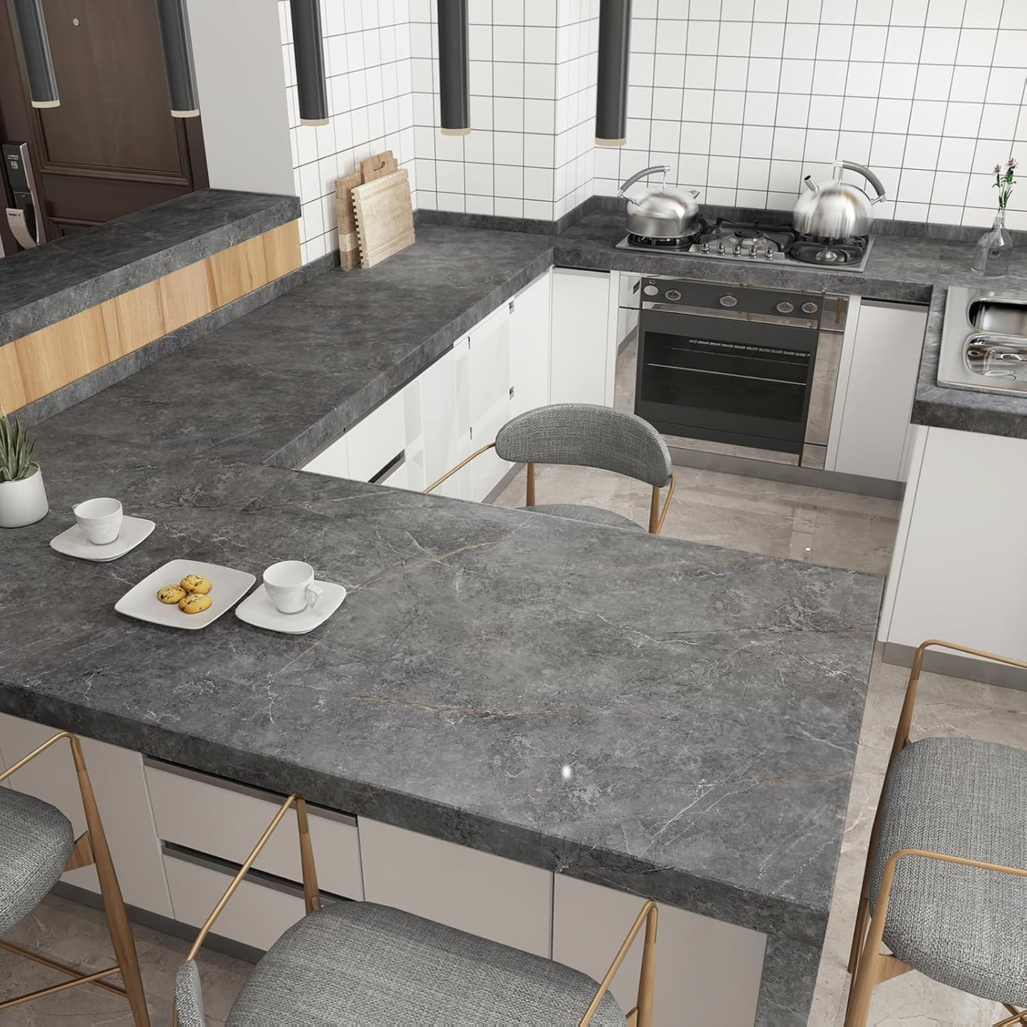 BOMENG 48"x354" Extra Wide Countertop Contact Paper Gray Marble Wallpaper Peel Stick Countertops for Kitchen Glossy Waterproof Self-Adhesive Marble Vinyl Wrap for Bathroom