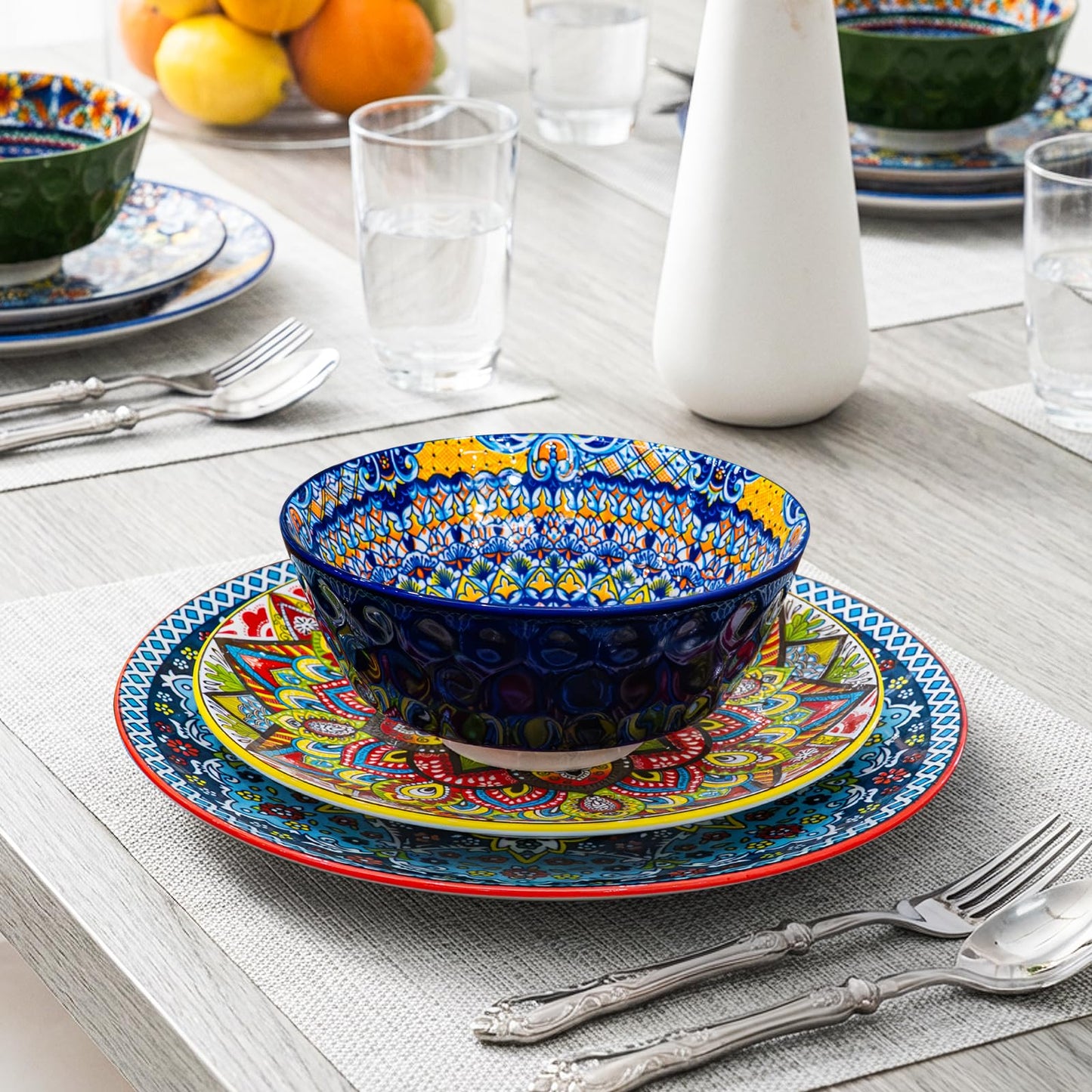 Romatlink 12 Pieces Dinnerware Sets, Ceramic Plates and Bowls Set, Microwave and Dishwasher Safe, Scratch Resistant, Bohemian Style Dishware Set, Service for 4