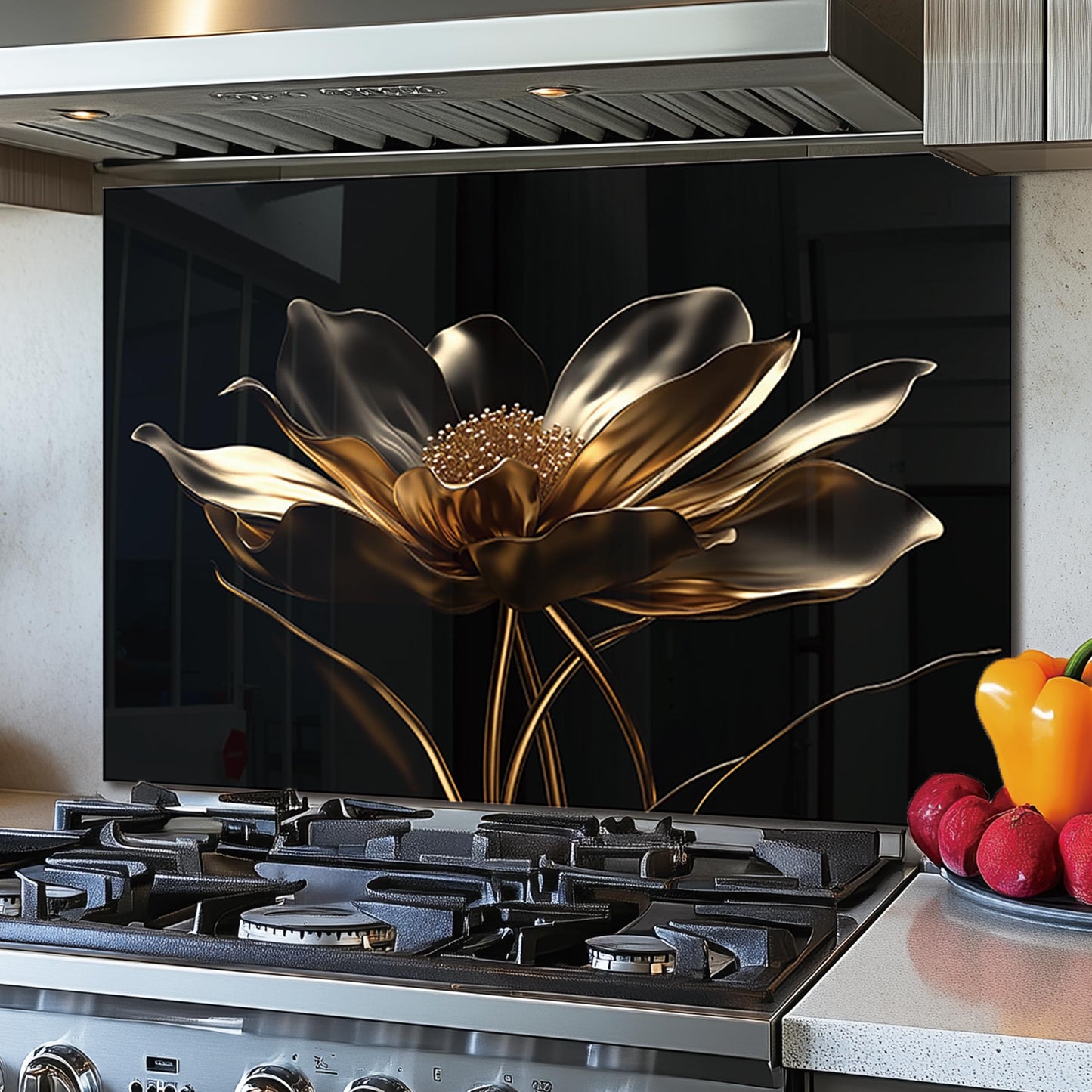 DAIFURONGE Black Golden Lotus, Tempered Glass Backsplash for Kitchen,Easy to Clean, One Piece Glass Behind Stove Splashback Panel, Home Kitchen Wall Decor (black, 30"x18"(76.2x45.72cm))