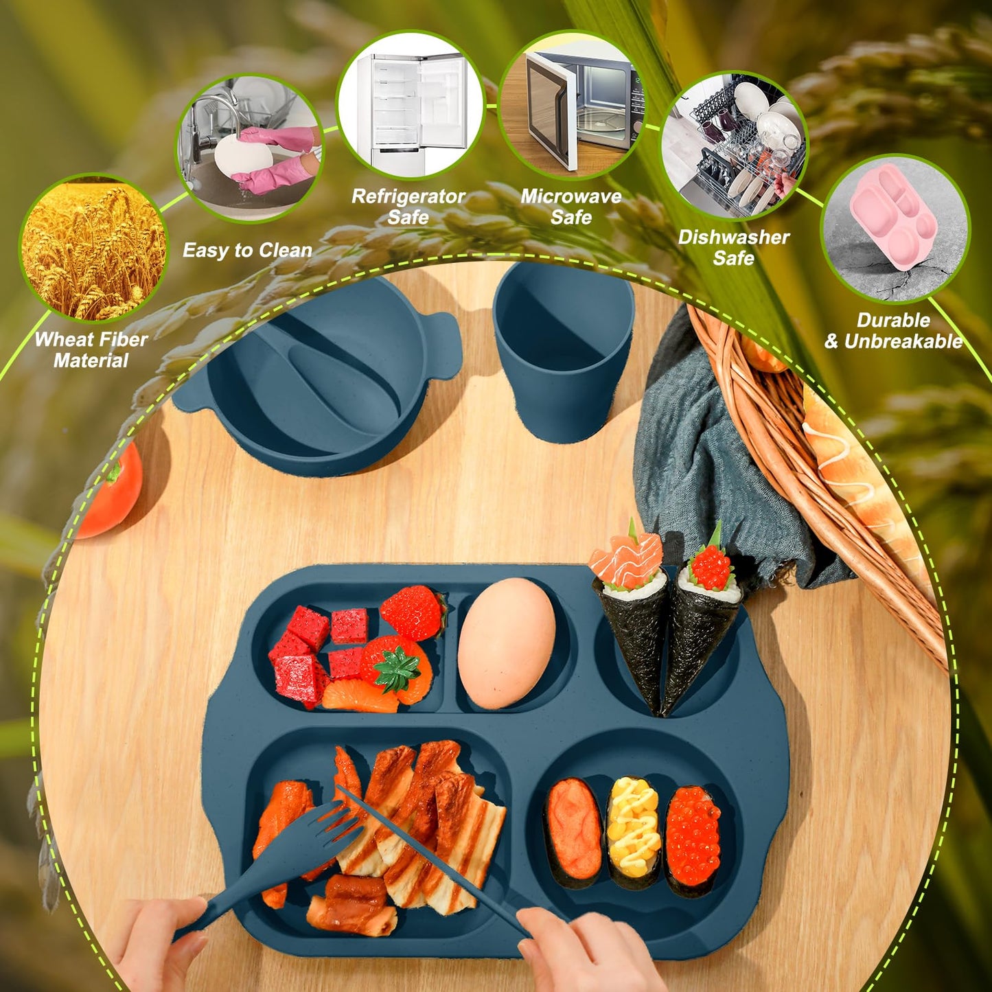 Tanlade 24 Pcs Wheat Straw Dinnerware Cutlery Sets, Divided Plates Unbreakable Bowl Microwave Dishwasher Safe Tableware Cutlery Spoon Knife Fork Cup(Dark Blue)