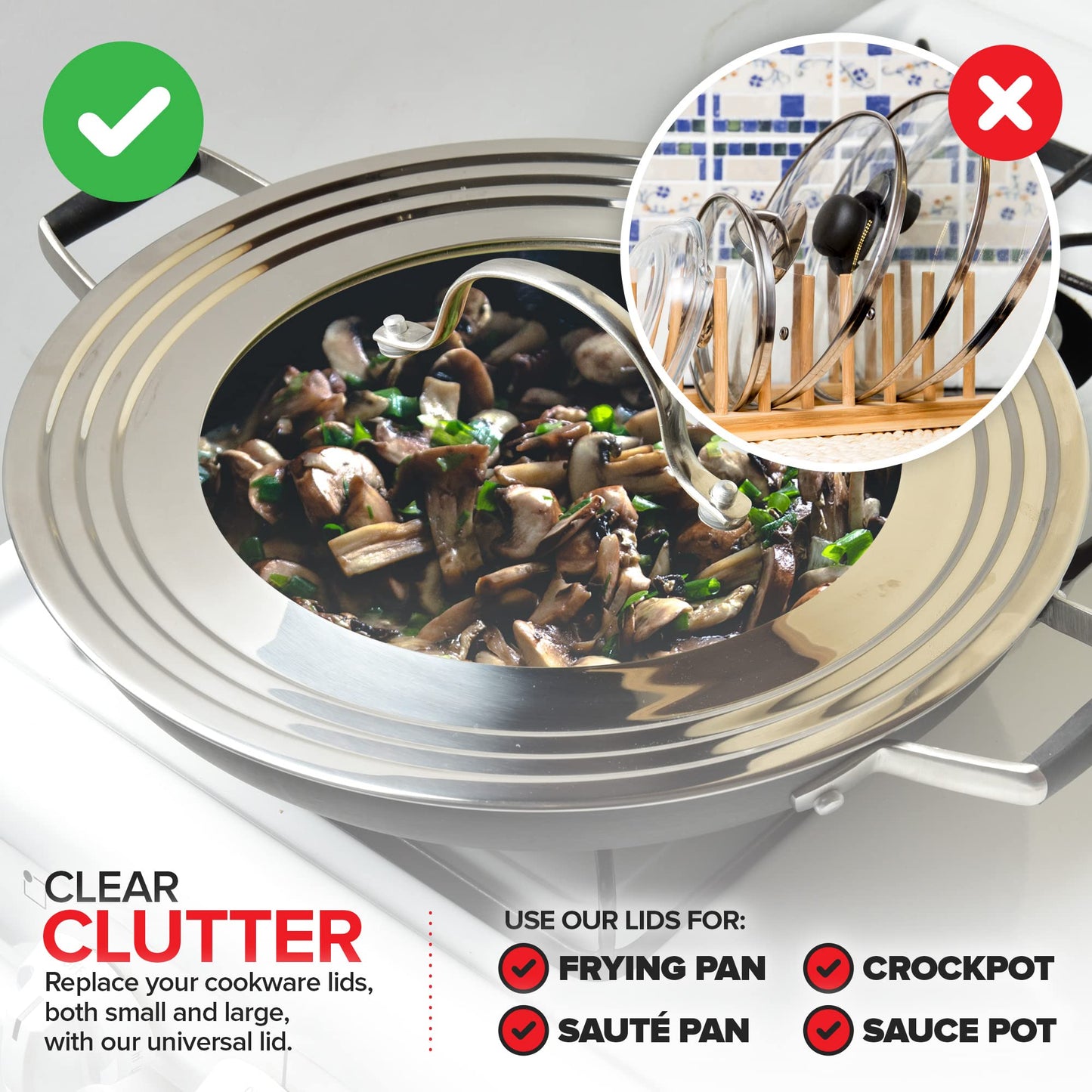 Modern Innovations Universal Lid with Tempered Glass Top for Pots & Pans, Fits 8.25, 9, 10, 11, and 12 Inch Cookware - Large Replacement Frying Pan Cover, Cast Iron Skillet Lids - Stainless Steel