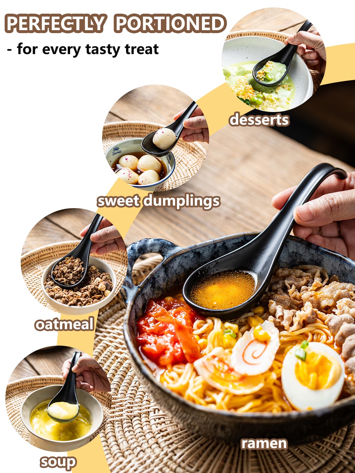 Gomakren Asian Soup Spoons, 6.5 Inch Ceramic Chinese Soup Spoons for Cereal, Ramen, Pho, Noodles, Stews, Black Kitchen Spoons with Long Handle and Deep Oval Design - Set of 6