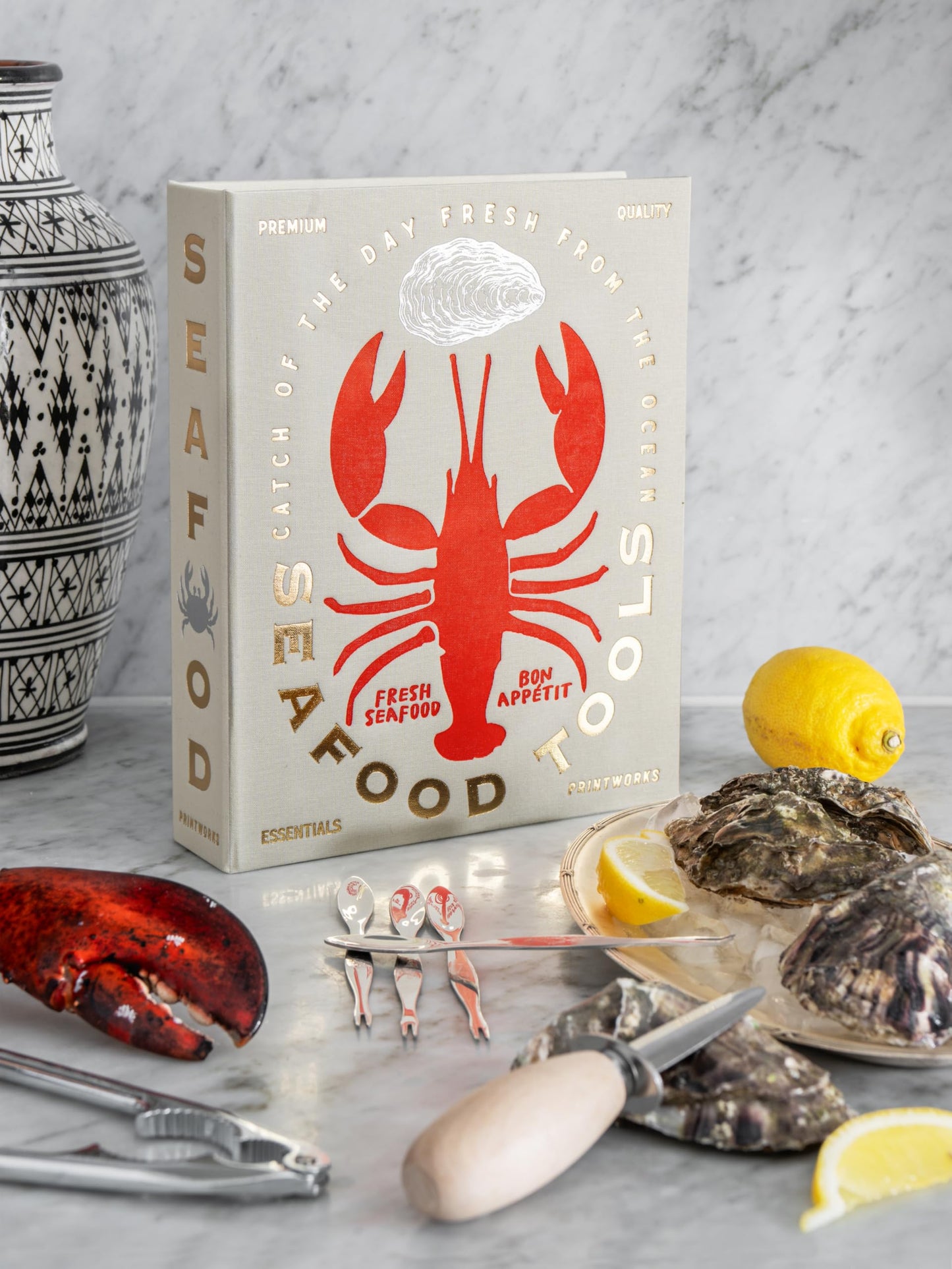 Printworks The Essentials, Seafood Tools – Seafood Tools Set with Oyster Knife, Shell Cracker & 4 Seafood Picks in Elegant Book-Style Case