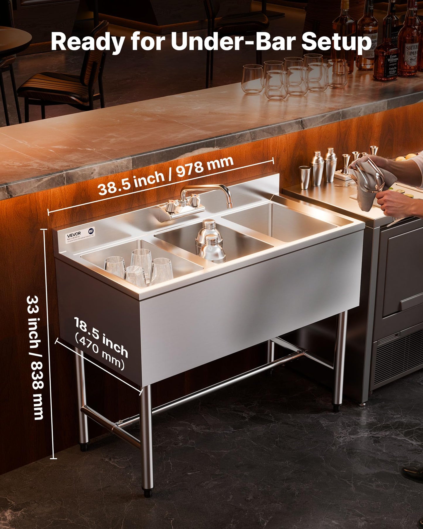 VEVOR 3 Compartment Sink, 18-Gauge 304 Stainless Steel, 10" x 14" x 10" Bowl Size, 3 Bay Commercial Under Bar Sink with Backsplash and Efficient Drainage for Kitchen, Restaurant, Food Truck & Home Use