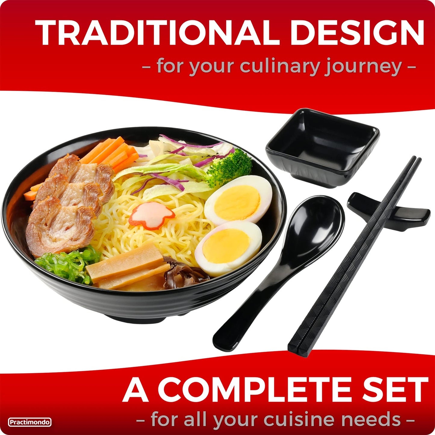 Unbreakable Ramen Bowl Set with Chopsticks and Spoon: 2 large Japanese Style Melamine Ramen Bowls, Dipping Bowls and Chopstick Stands for Asian Pho Soup Thai Miso Udon Wonton (2 Bowl Set, Black)