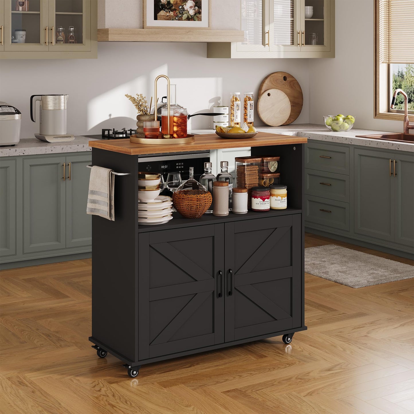 Garvee Rolling Kitchen Island with Storage Cabinet, 40.4'' Width Kitchen Cart, Portable Mobile Kitchen Island with Towel Rack, Wood Top and Lockable Wheels for Kitchen, Dining Room