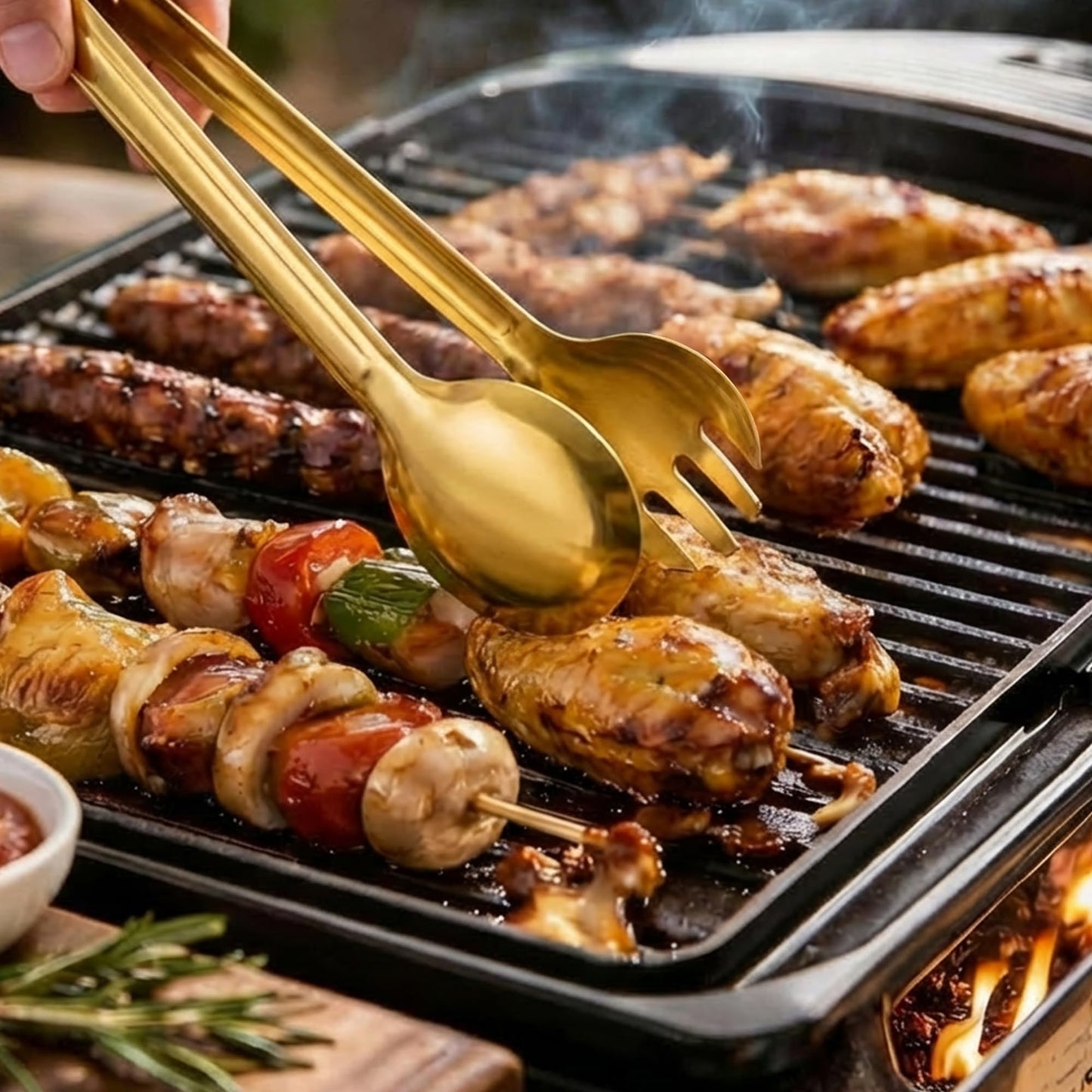 4 Pack Gold Serving Tongs Set with Serving Spoon, Stainless Steel Buffet Tongs Serving Utensils, Salad Tongs with Spoon & Fork Ends, 9 Inch Food Serving Tongs for Buffet, Catering, Party and Kitchen