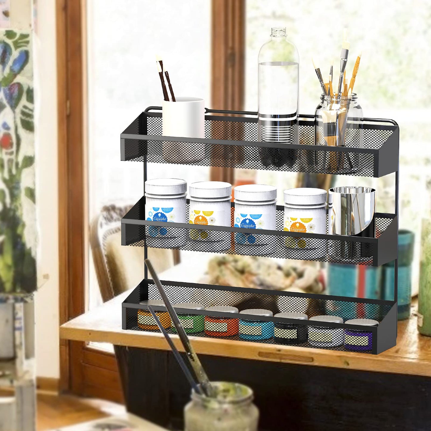 AULEDIO 2 Pack Spice Rack Organizer, 3 Tier Counter-top Stand or Wall Mounted Storage Rack Hanging Shelf for Kitchen Cabinet, Cupboard, Pantry Door Bathroom Shower Cosmetic (Black)