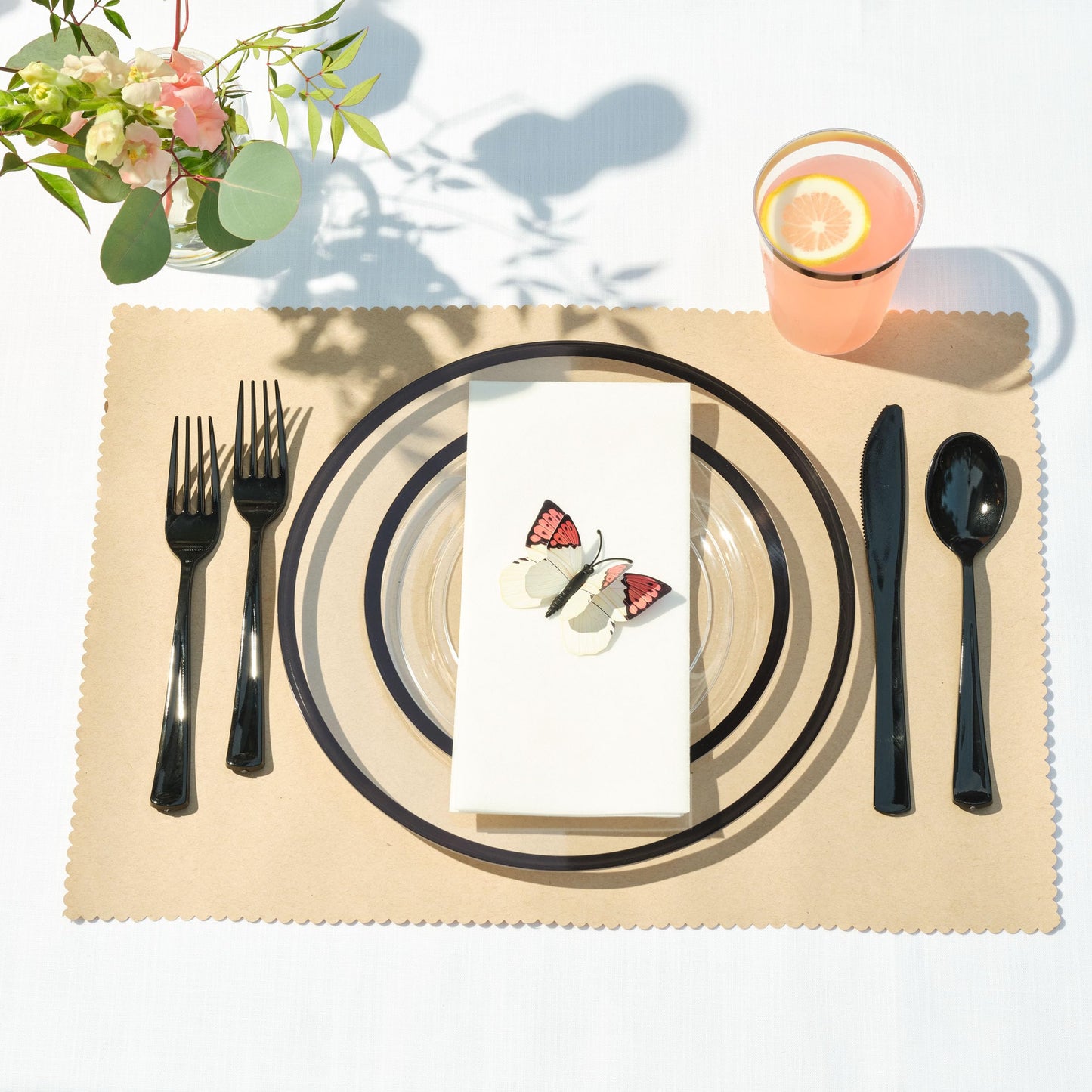 By Madee HEAVYWEIGHT 150 Pcs Clear and Black Plastic Plates and Utensils Set | Fancy Plastic Dinnerware Sets with Gift of 3D Butterflies for Table Decor (25 Guests)