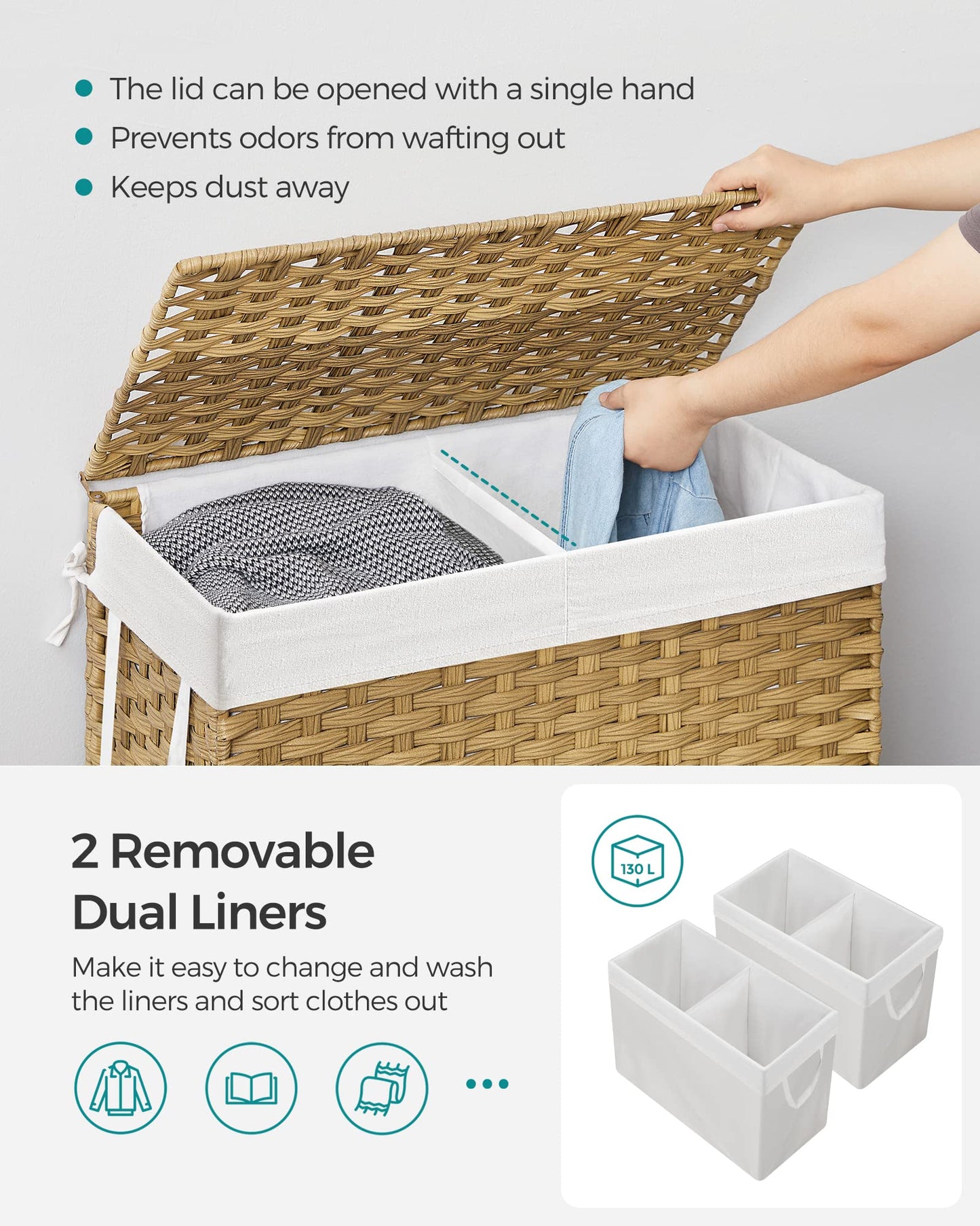 SONGMICS Laundry Hamper with Lid, 130L Clothes Hamper with 2 Removable Liner Bags, 6 Mesh Bags, Wicker Laundry Basket, Double Laundry Hamper for Bathroom, 13 x 26 x 23.6 Inches, Natural ULCB253N01
