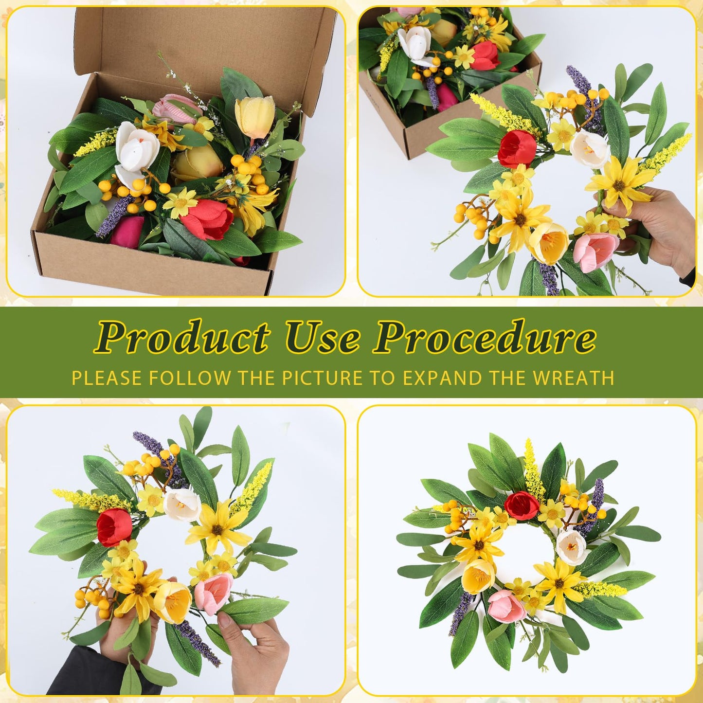 6 Pcs 9'' Mini Spring Wreaths for Kitchen Cabinets Decor Small Tulip Floral Wreaths with Rose Tulip Flowers for Spring Wall Window Porch Home Wedding Party Decor