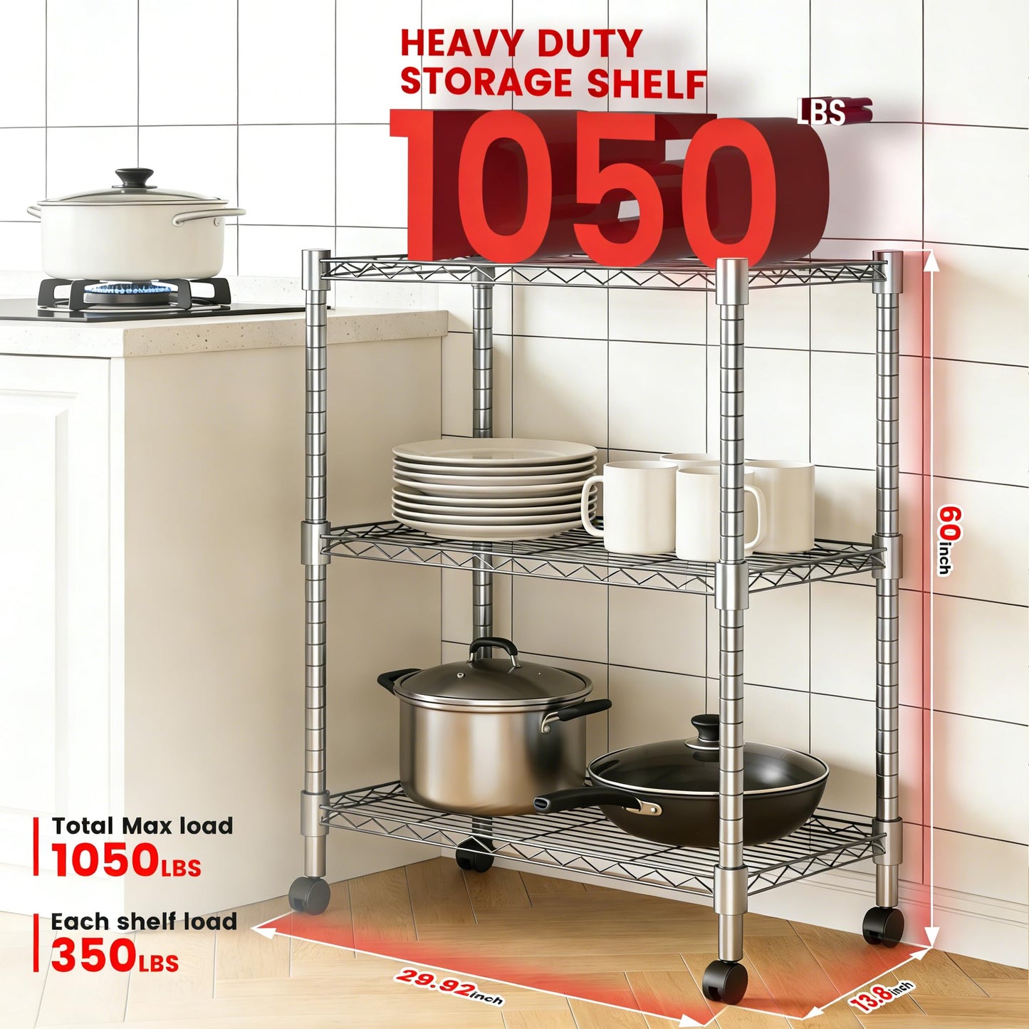Xcity Storage Shelves, 3 Tier Heavy Duty Metal Shelving Unit with Wheels, 1050 LBS Adjustable Steel Wire Shelf for Commercial, Pantry, Kitchen, Garage, 14" D x 24" W x 30" H, Chrome