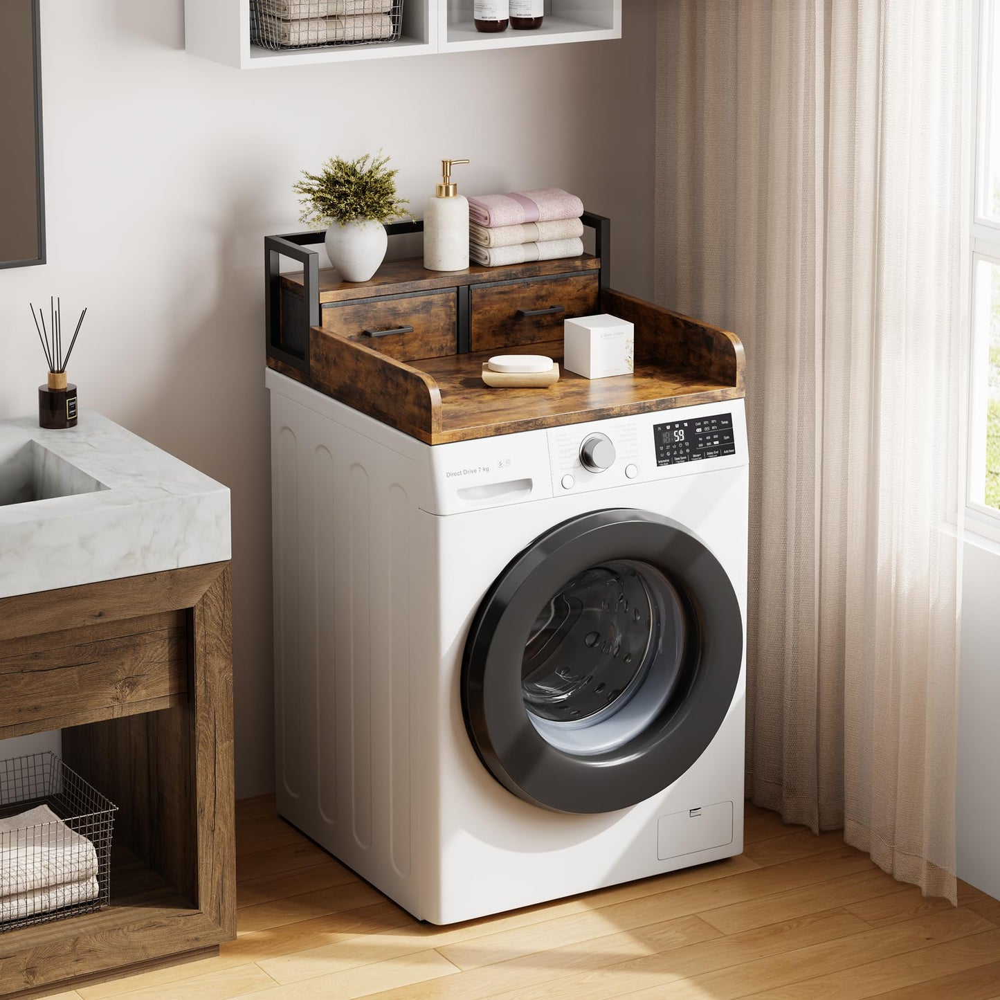 IDEALHOUSE 2-Tier Washer and Dryer Countertop with Shelf or Drawers, Laundry Countertop Cover with Non-Slip Pad, 54"X27.5" Laundry Topper for Folding Clothes Over Washer and Dryer-Retro