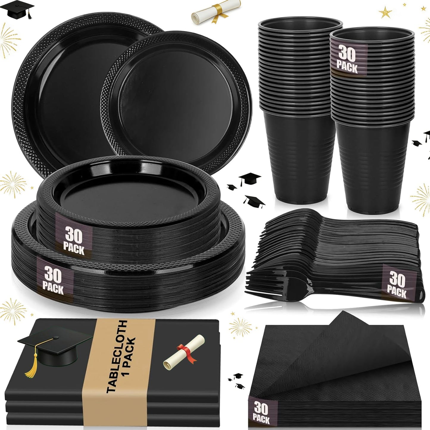 CLIYTICA Black Plastic Plates for Party,30 Guest Disposable Plastic Plate Set 9" Plates,7" Dessert Plates,Napkins,Cups,Forks & Tablecloth for Birthday,Halloween,Christmas,Graduations