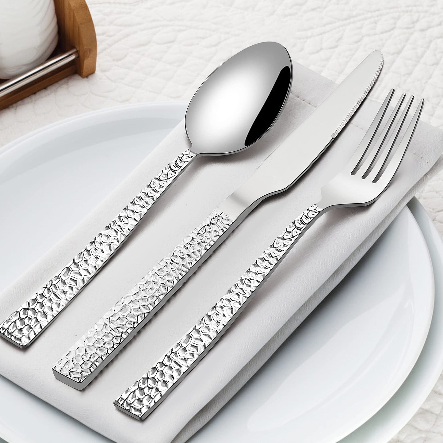 HaWare Hammered Silverware Set, 40-Piece Stainless Steel Flatware for 8, Eating Utensils Tableware Cutlery for Kitchen Hotel Restaurant Party, Mirror Polished - Dishwasher Safe