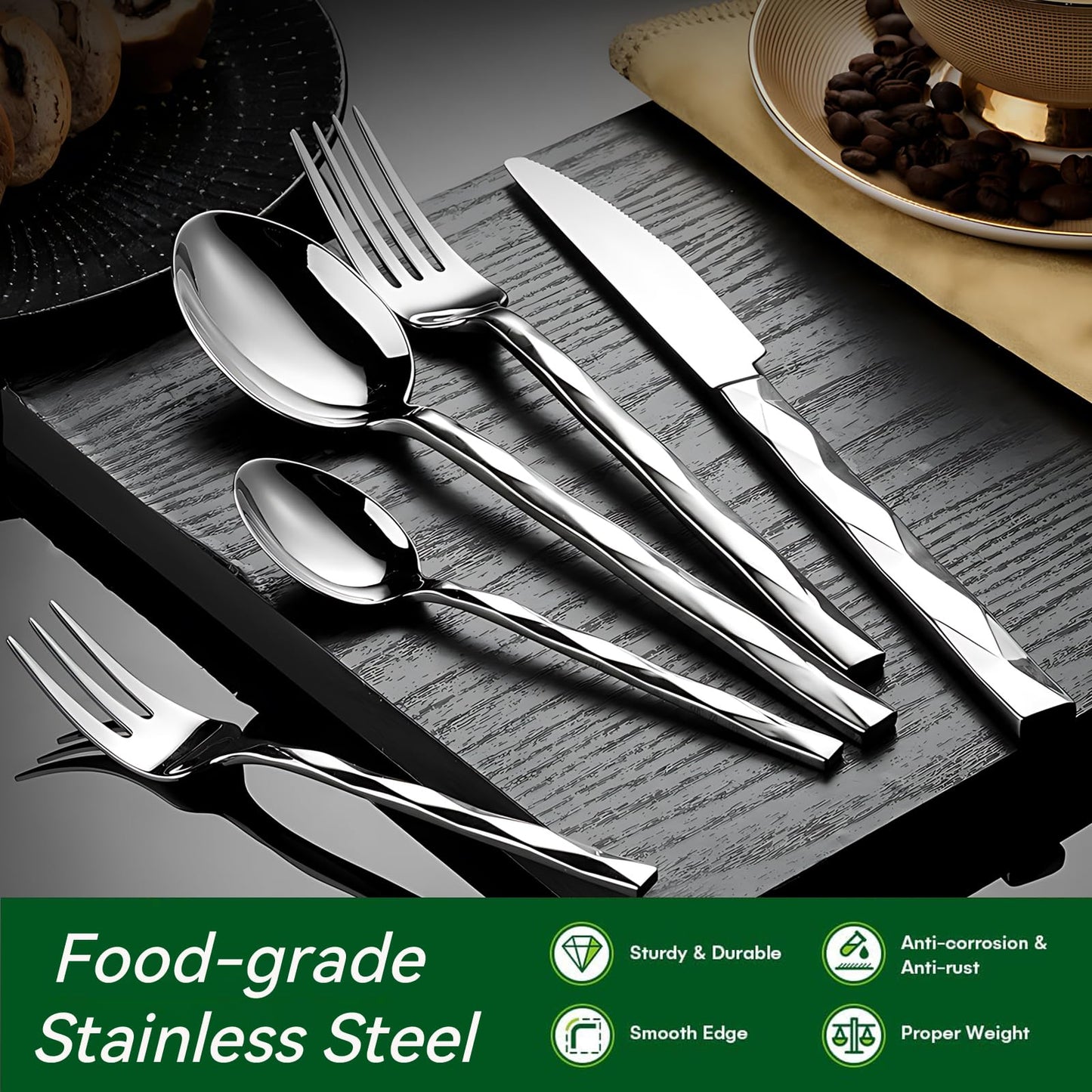 20 Piece Silverware Set, Stainless Steel Flatware Sets for 4, Mirror Polished Modern Design Cutlery Utensil Sets Include Dinner Knives Spoons and Forks for Home, Restaurant (Silvery-Diamond)