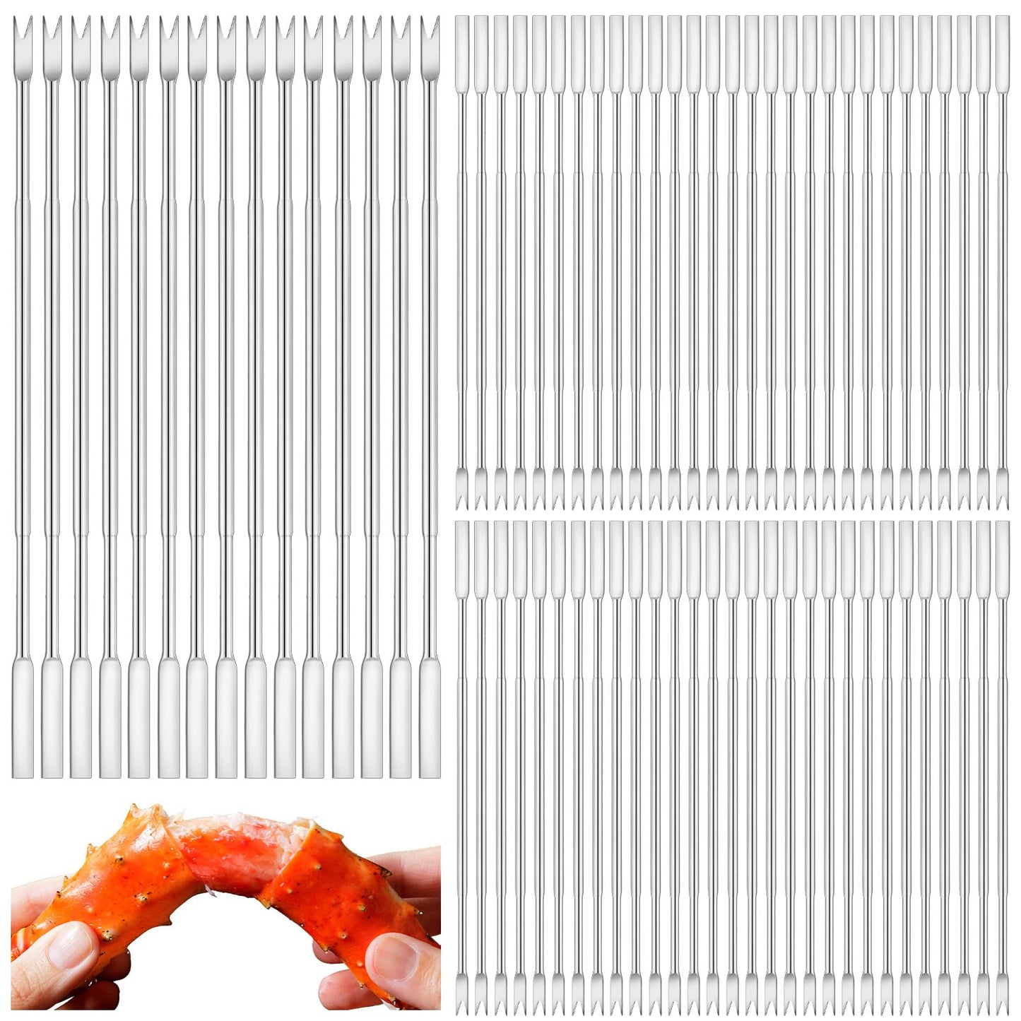 Yaomiao 100 Pcs Stainless Steel Seafood Forks Set Silver 6.8 Inch Crab Forks Seafood Tools Crab Legs Utensils Picks for Eating Lobster Leg Shrimp