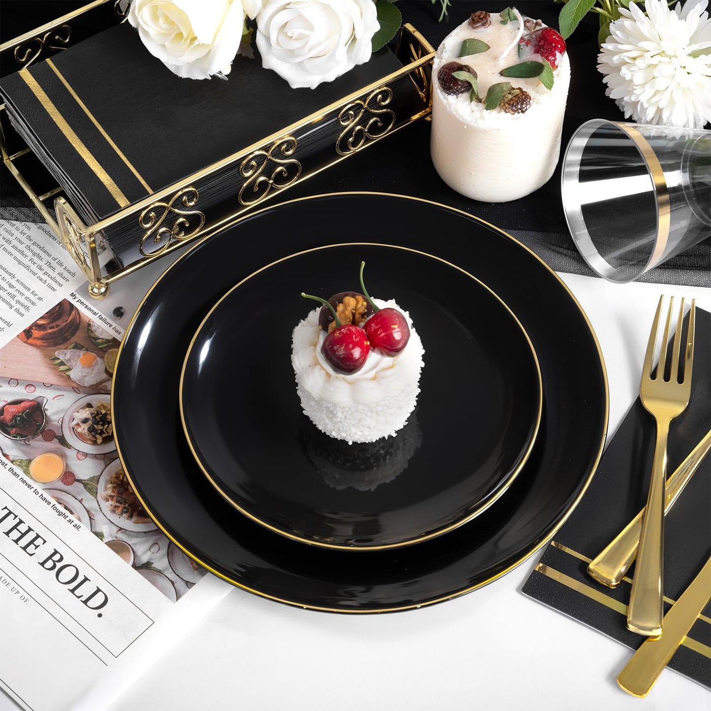 NOCCUR 350PCS Black and Gold Plastic Plates - Black Disposable Dinnerware Set for 50 Guests, 100 Dinner/Dessert Plates, 150 Gold Silverware, 50 Cups&50 Napkins for Party/Birthday/Graduation